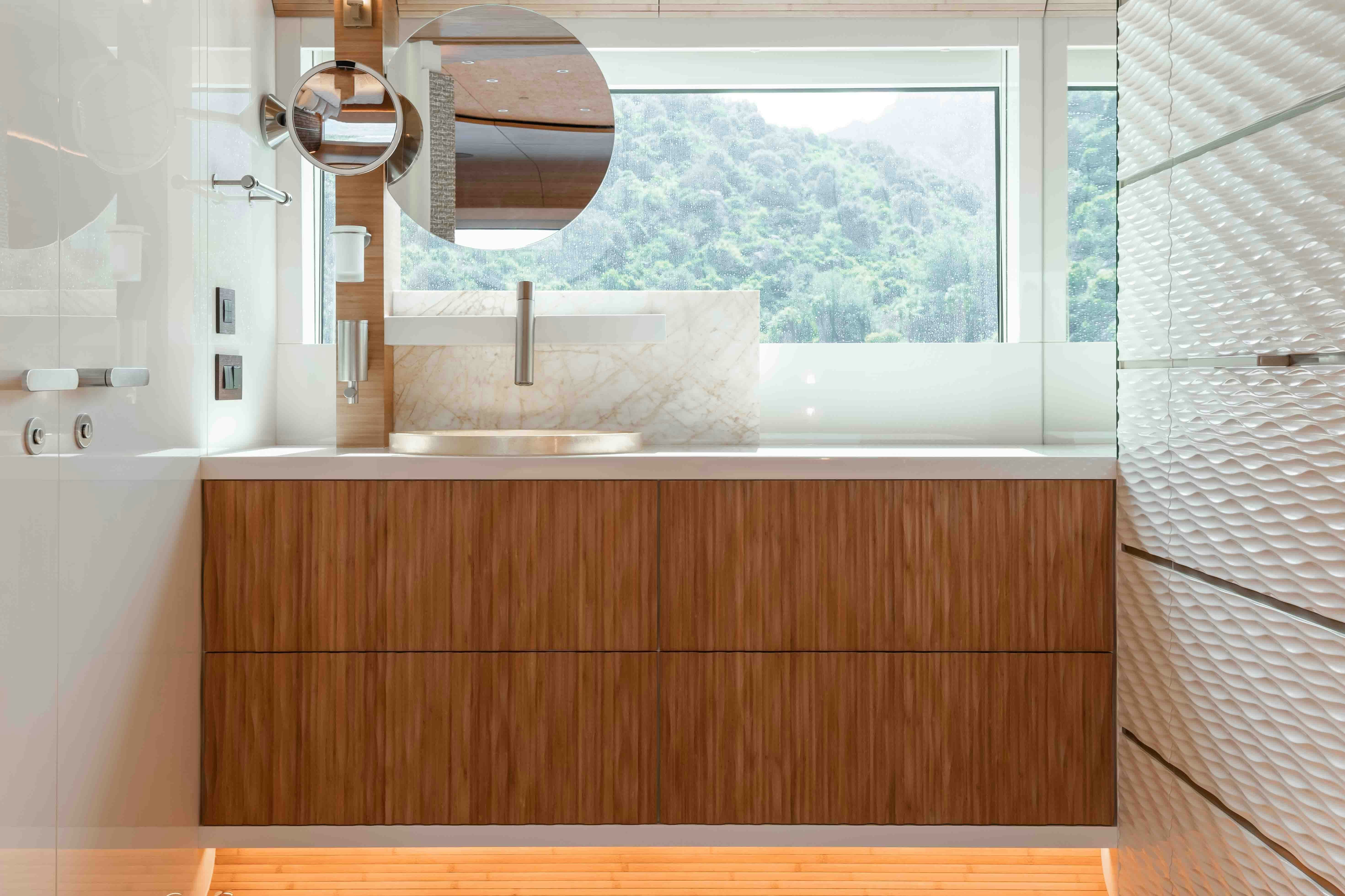 a bathroom with a large window aboard NB 202 Yacht for Sale