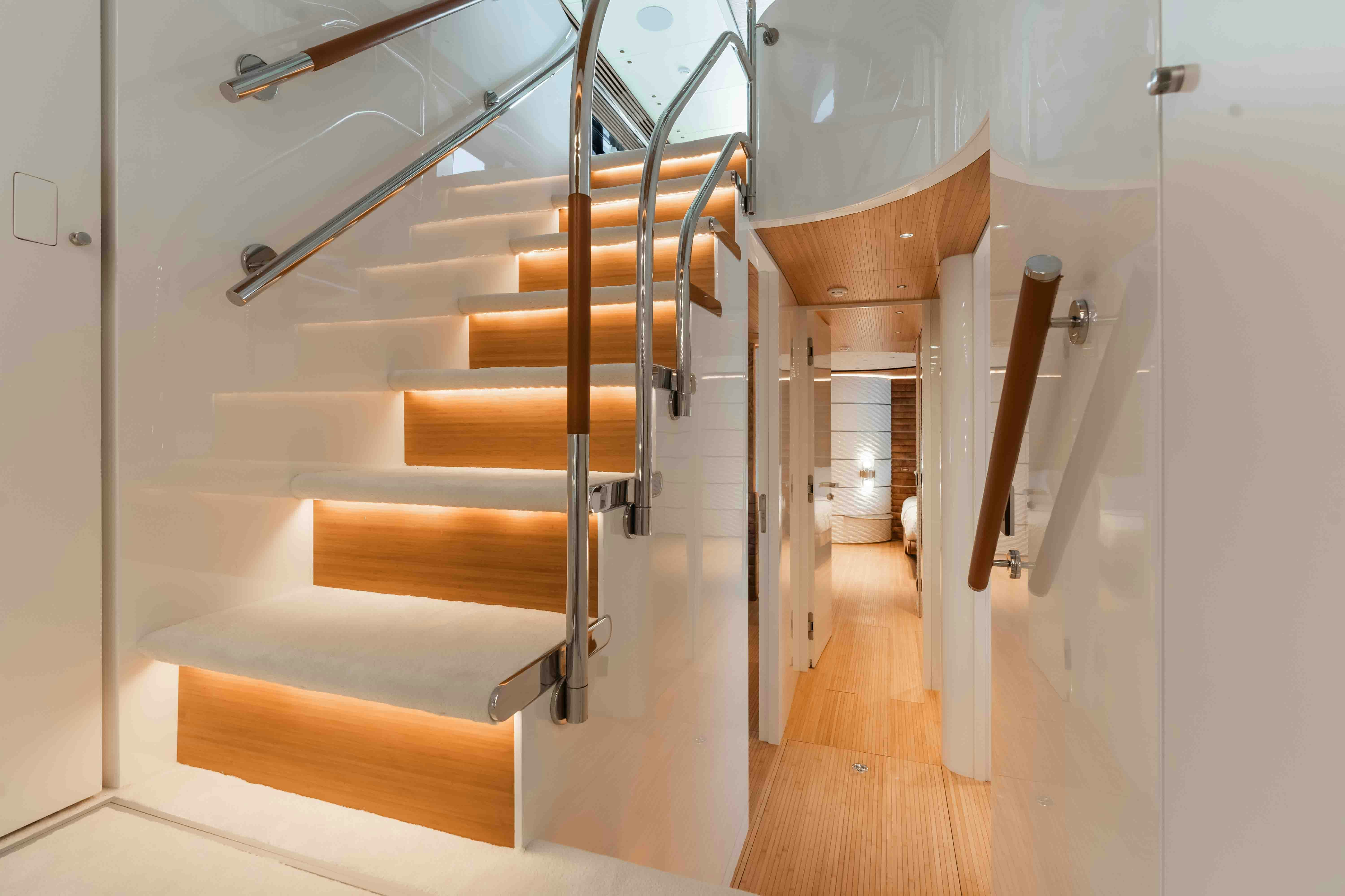 a wooden staircase in a room aboard NB 202 Yacht for Sale