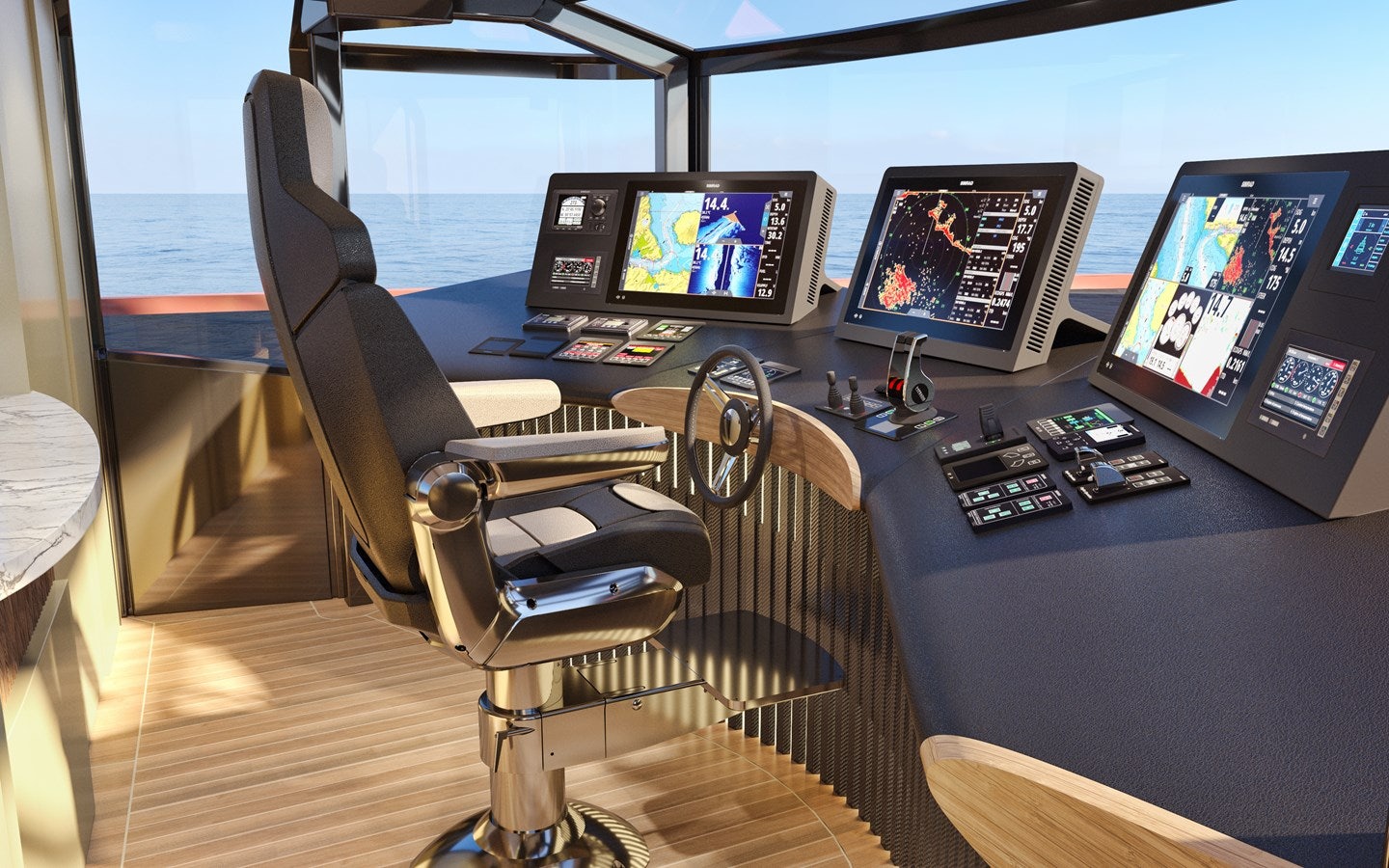 a desk with computers and monitors aboard NB 202 Yacht for Sale