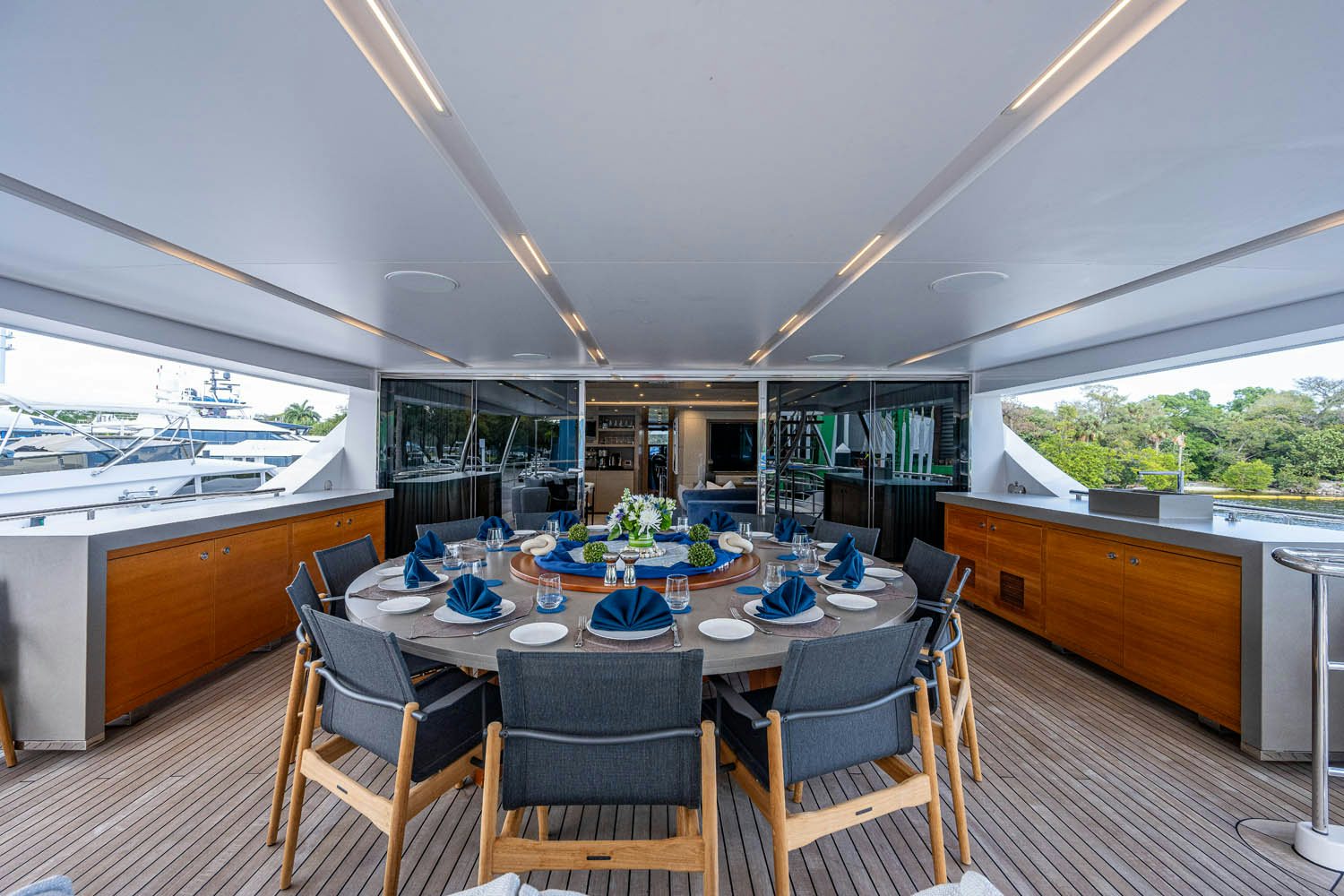 a dining table in a kitchen aboard COFINA Yacht for Charter