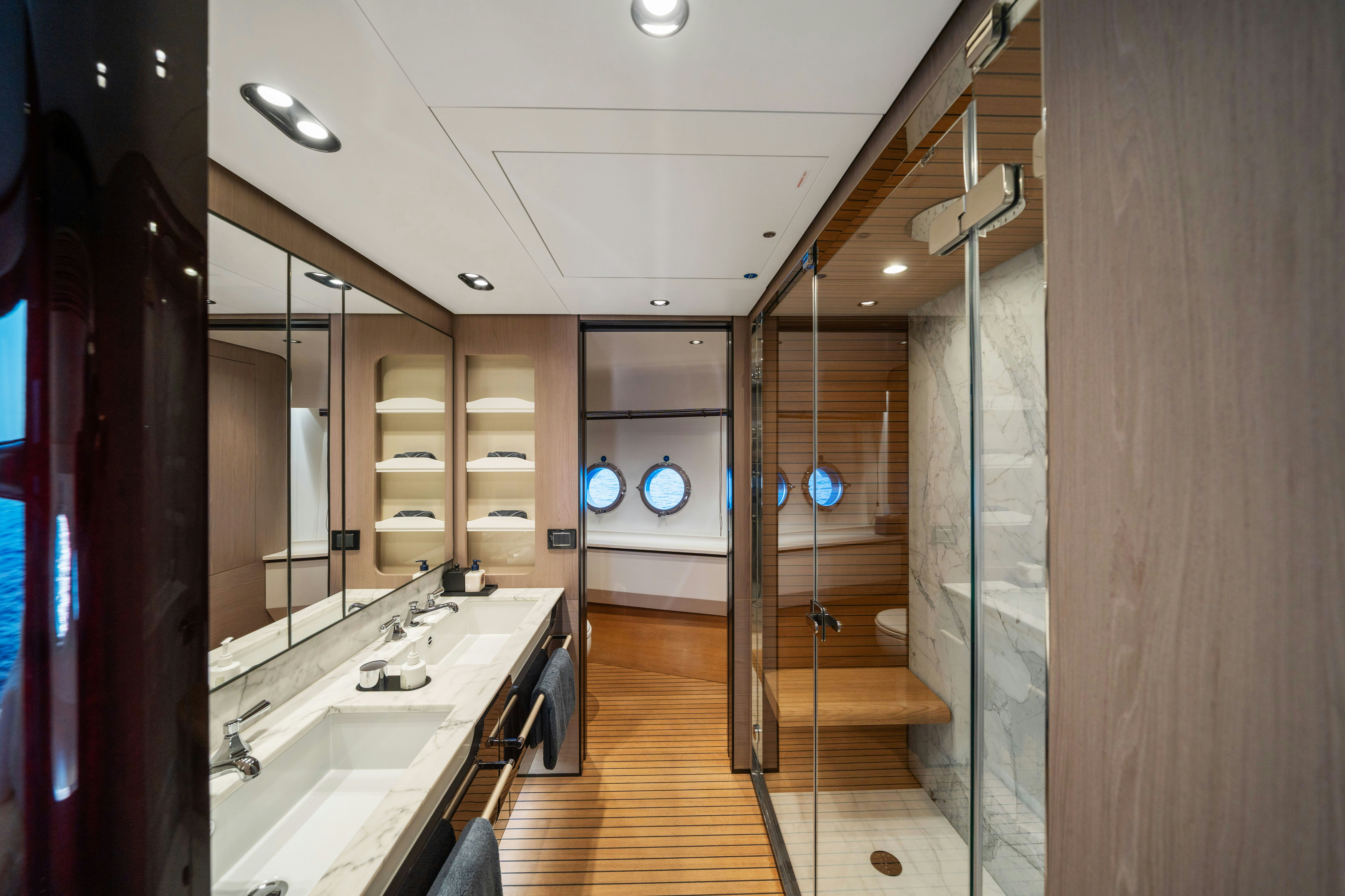 a bathroom with a large shower unit aboard CHILLIN’ Yacht for Sale