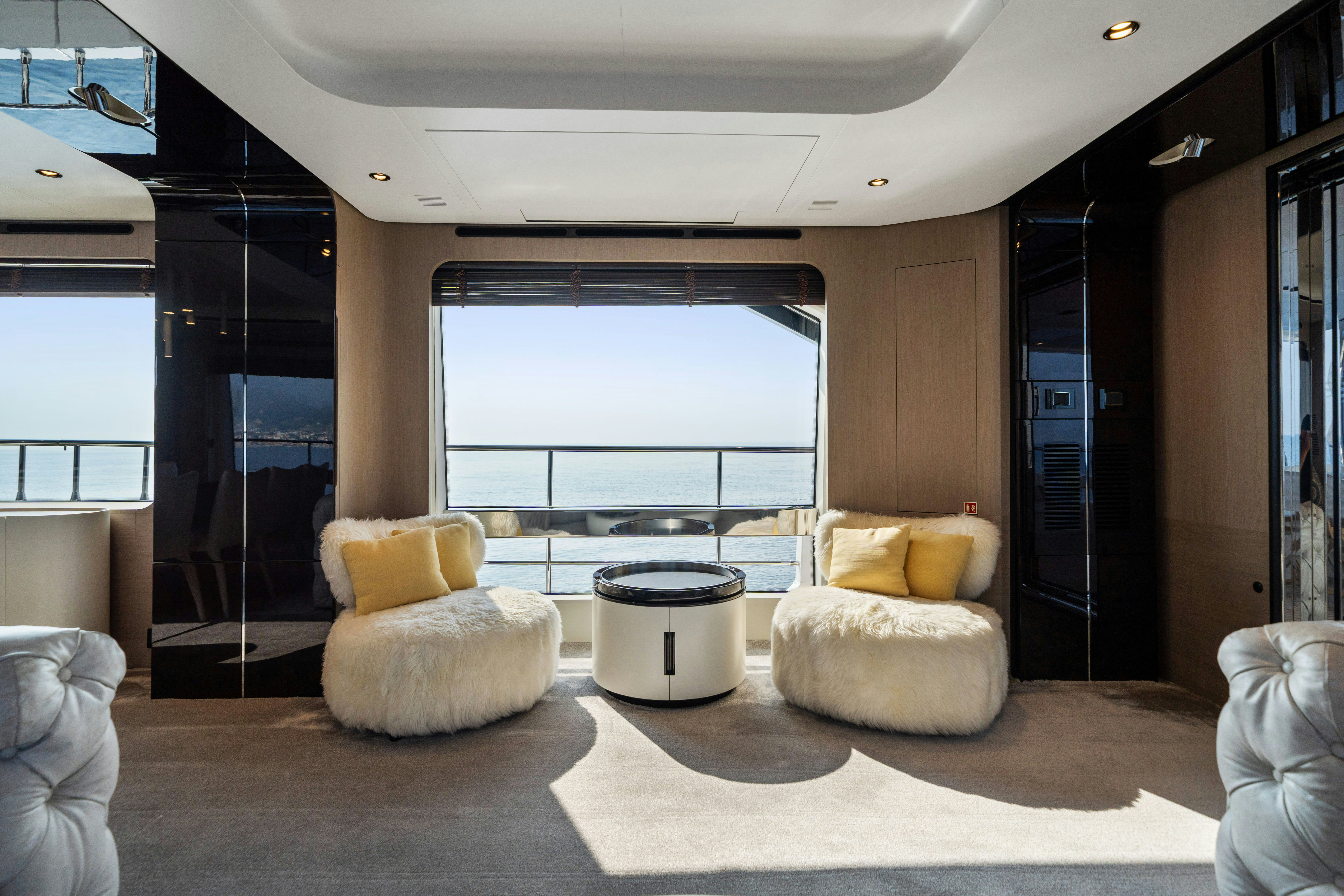 a room with a large window aboard CHILLIN’ Yacht for Sale