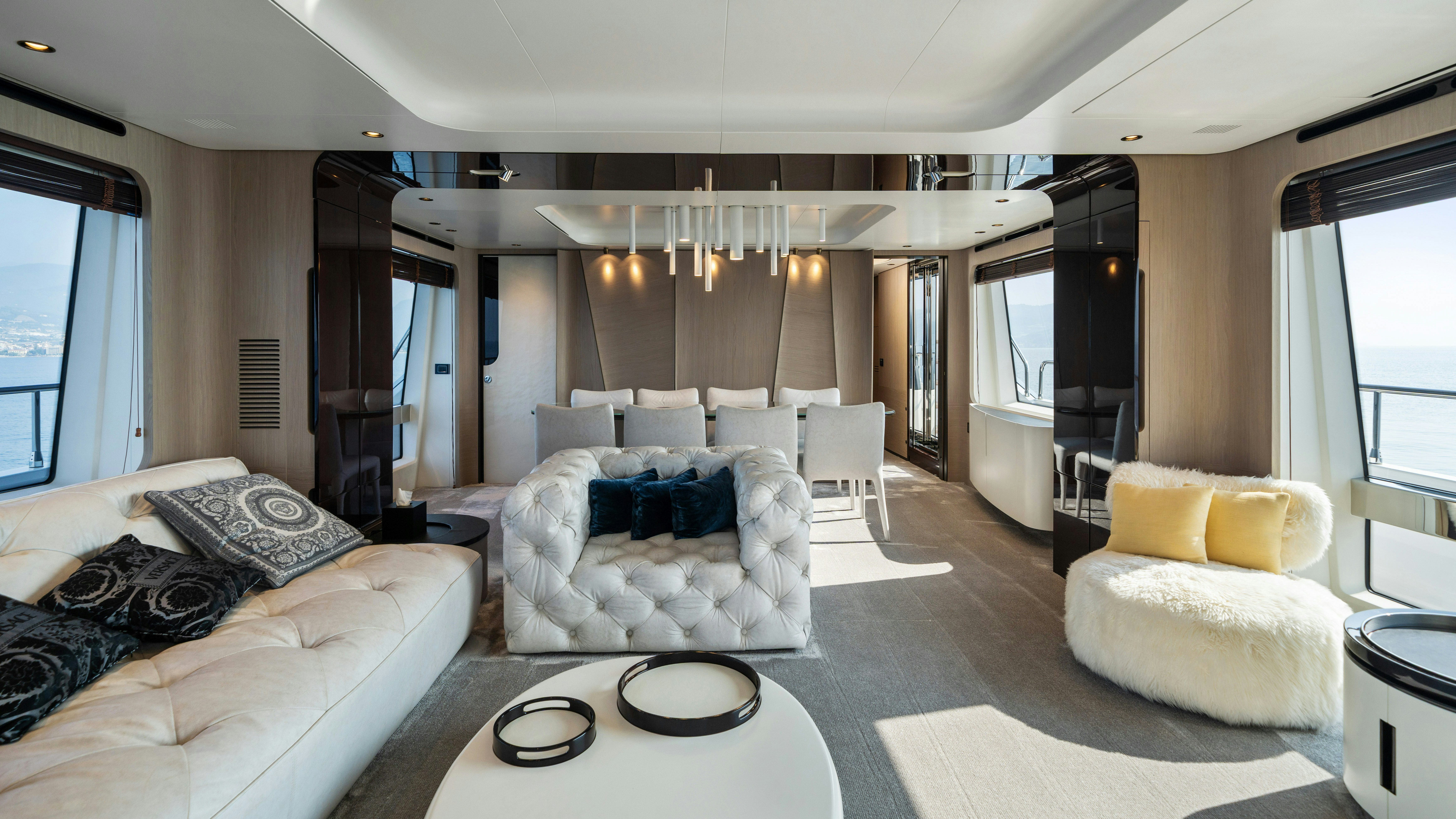 a living room with a large window aboard CHILLIN’ Yacht for Sale