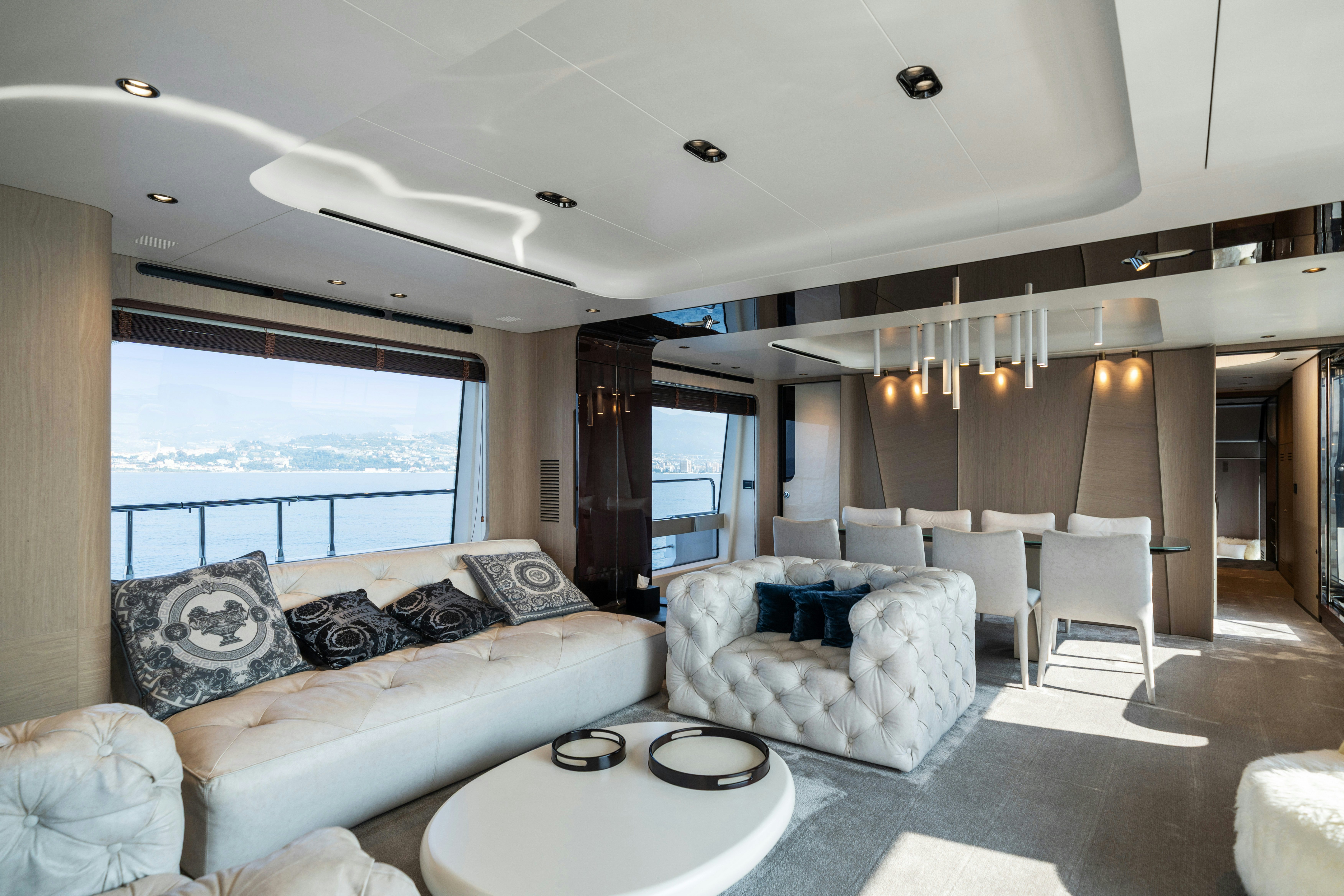 a living room with a large window aboard CHILLIN’ Yacht for Sale