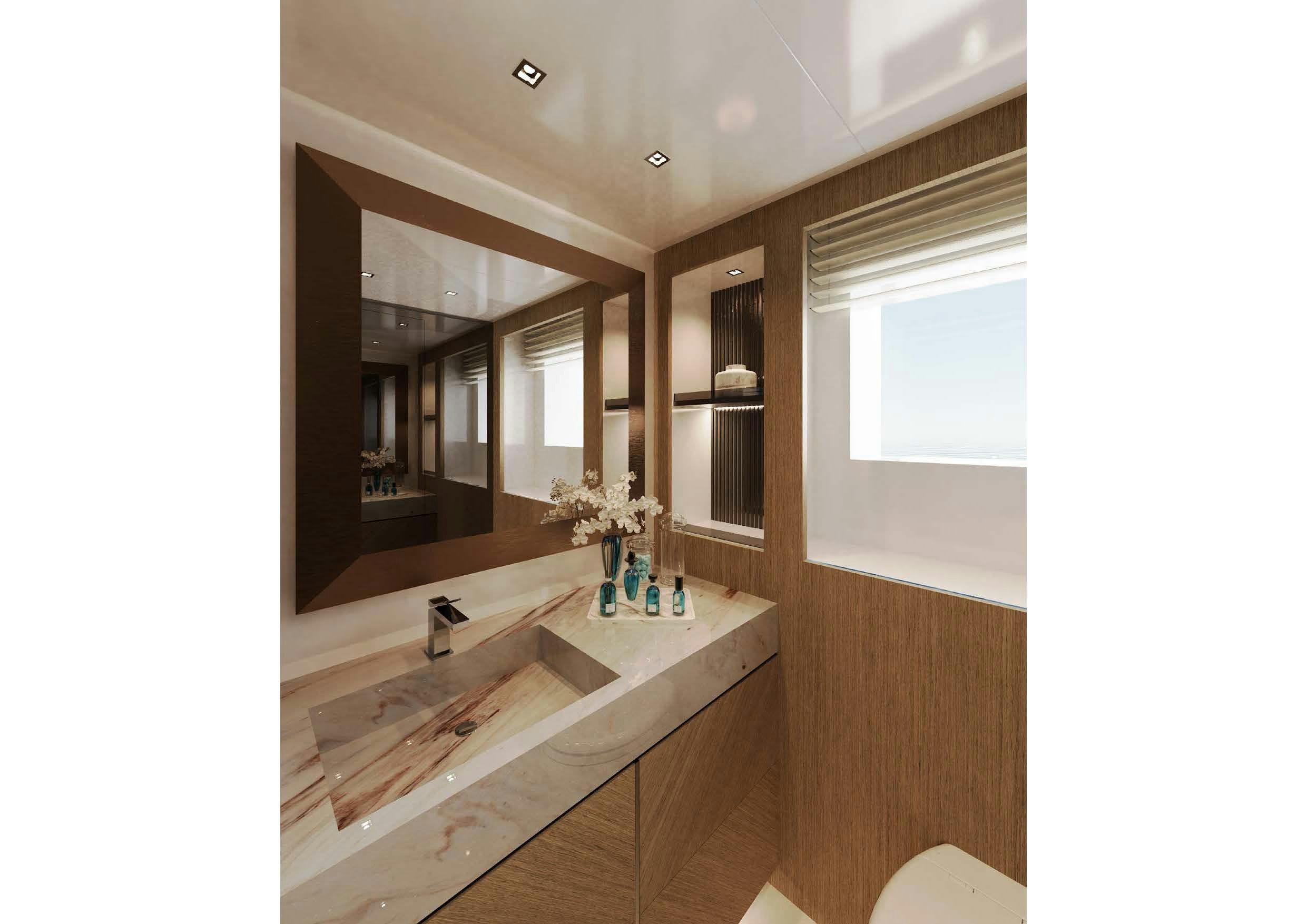 a bathroom with a large mirror aboard MANGUSTA OCEANO 44/08 Yacht for Sale