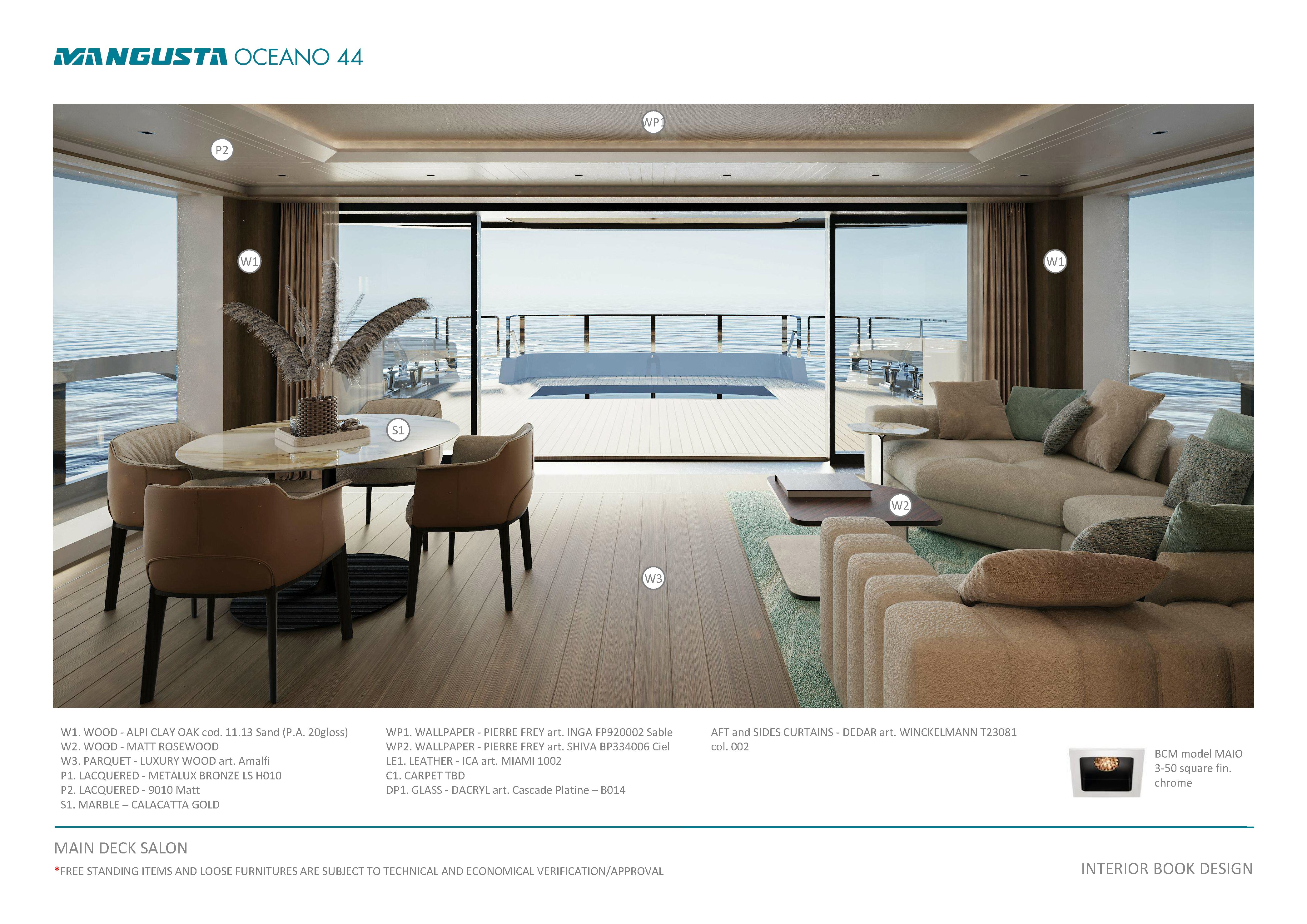 a living room with a large balcony aboard MANGUSTA OCEANO 44/08 Yacht for Sale