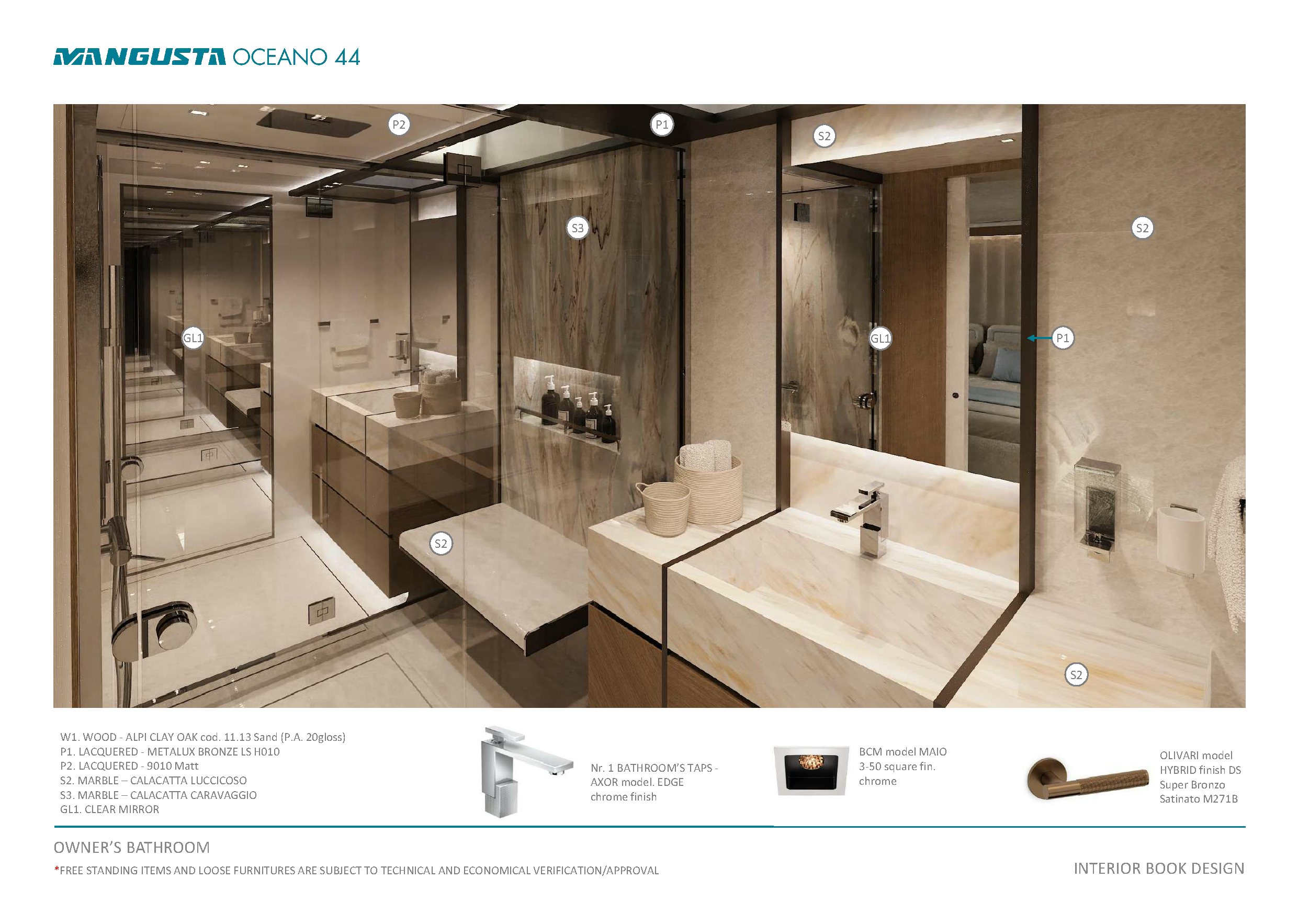 a bathroom with a large mirror aboard MANGUSTA OCEANO 44/08 Yacht for Sale