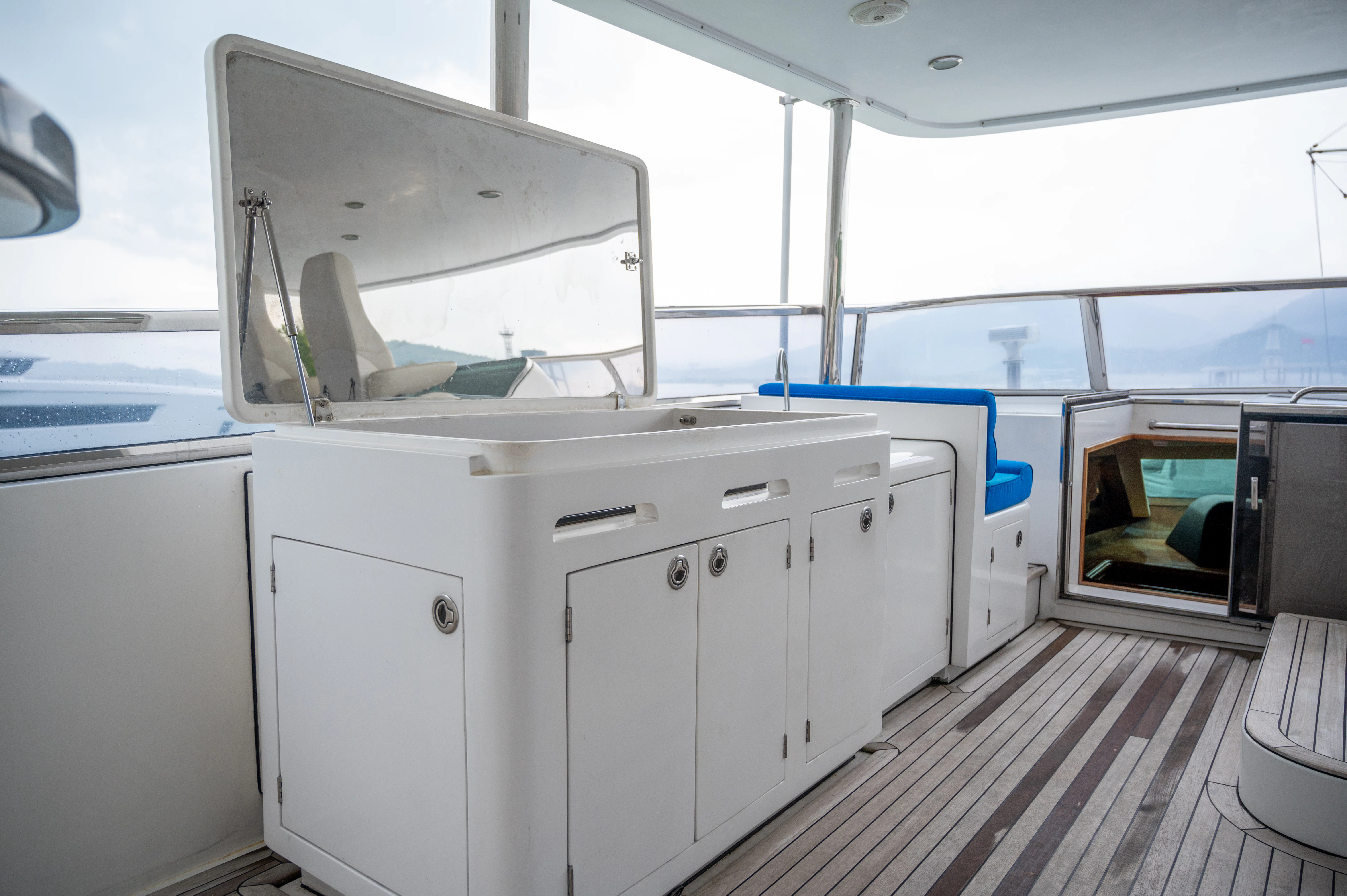 a large white boat with a large screen and a large window aboard LADY EILEEN II Yacht for Sale