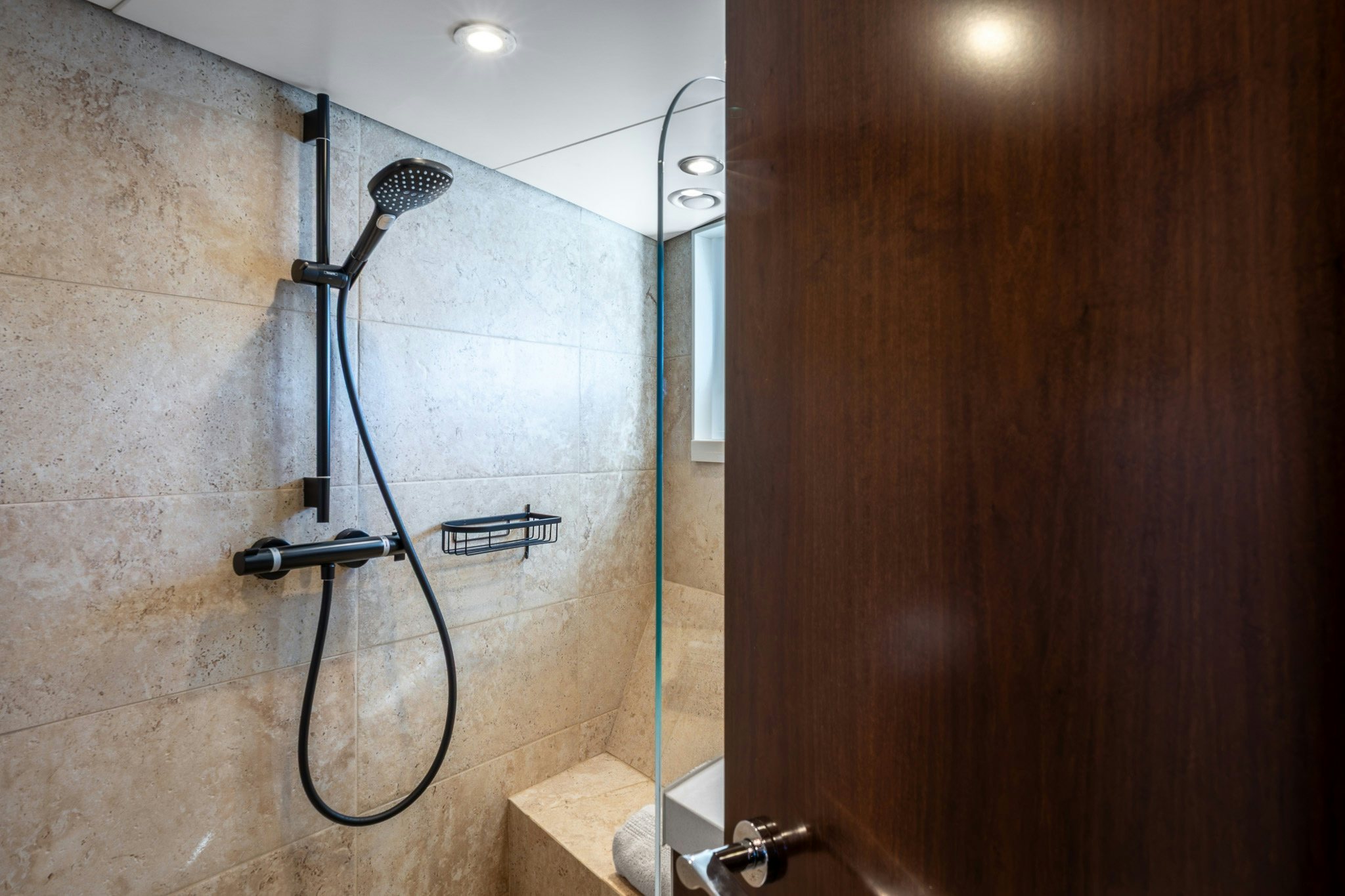 a shower unit in a bathroom aboard SULTANA Yacht for Sale