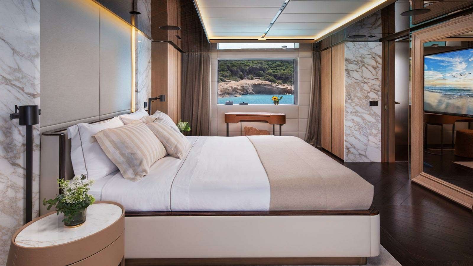a bed in a room aboard GECO Yacht for Charter
