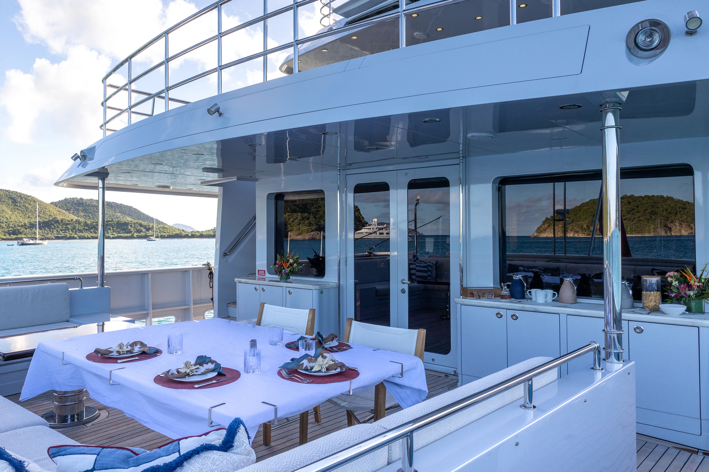a dining table on a boat aboard AVALON Yacht for Charter