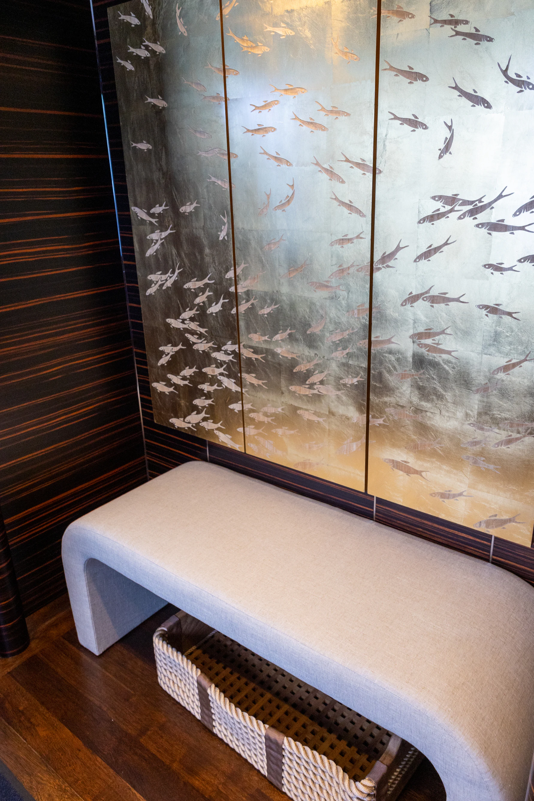 a room with a wallpaper aboard AVALON Yacht for Charter