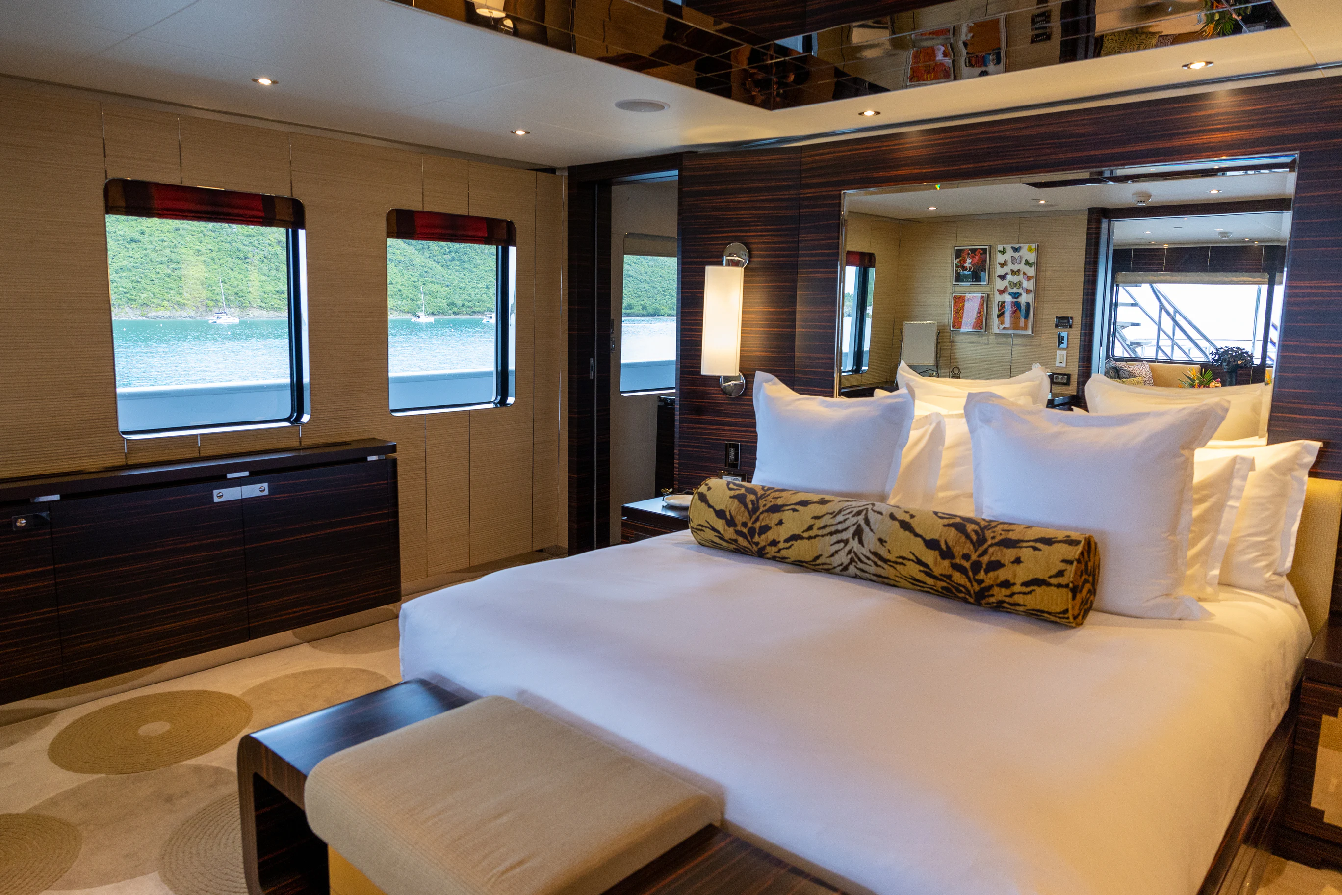 a large bed in a room aboard AVALON Yacht for Charter
