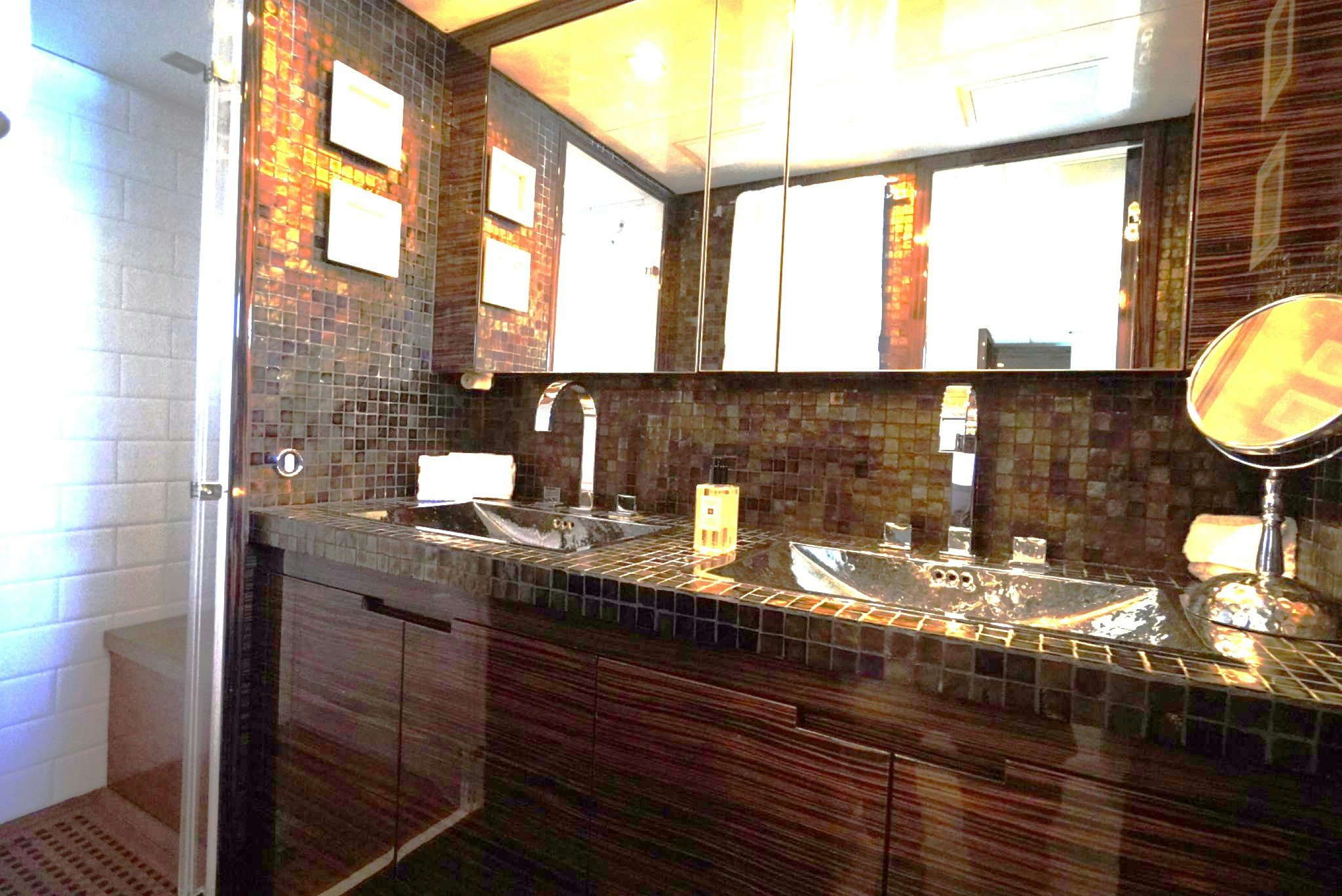 a bathroom with a large countertop aboard GO Yacht for Sale