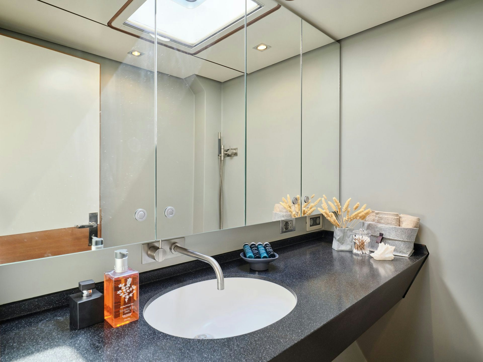 a kitchen with a sink and a counter aboard AIZU Yacht for Sale