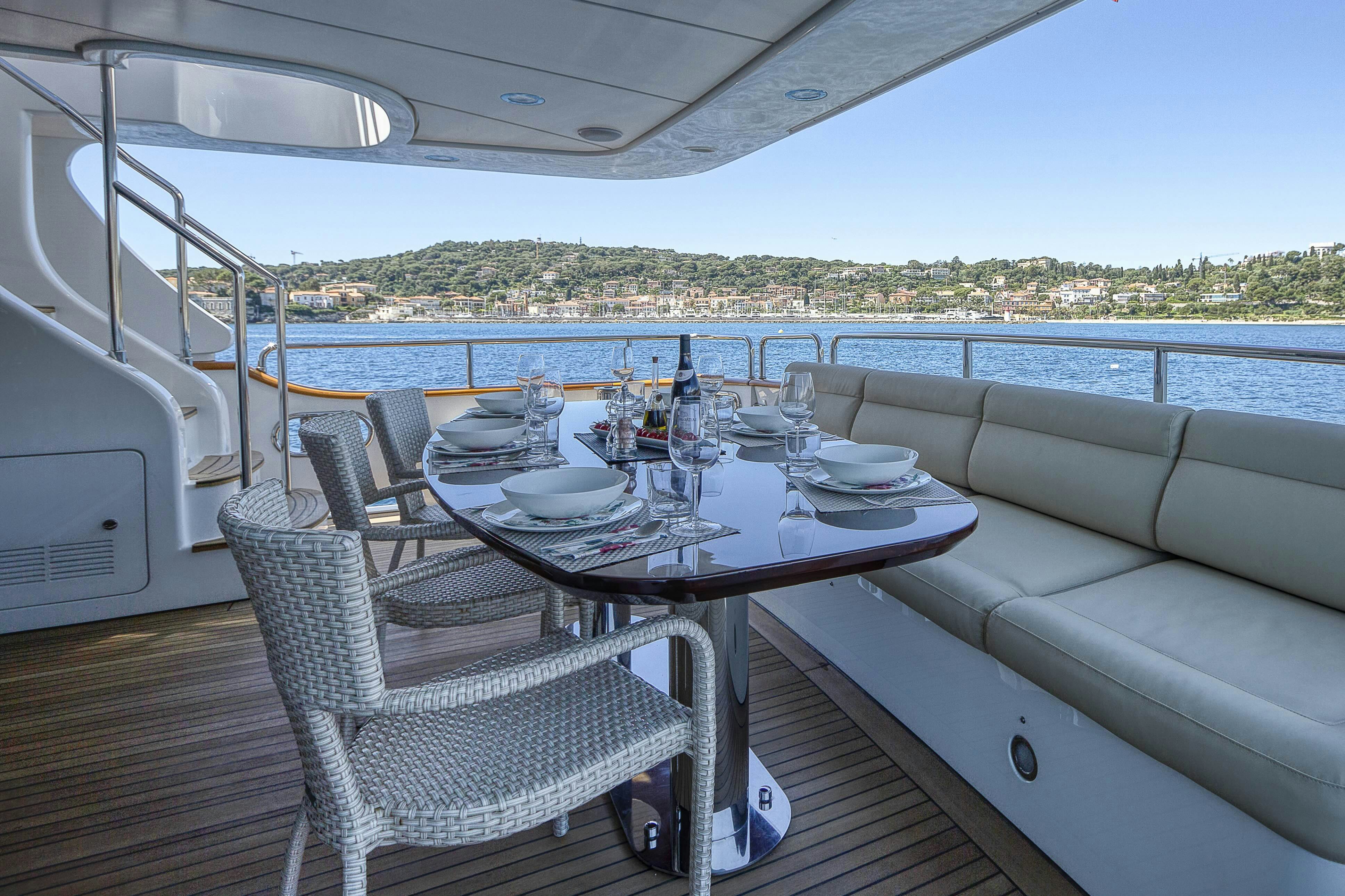 a table set for a meal on a deck aboard ROSE OF KINGSTON II Yacht for Sale