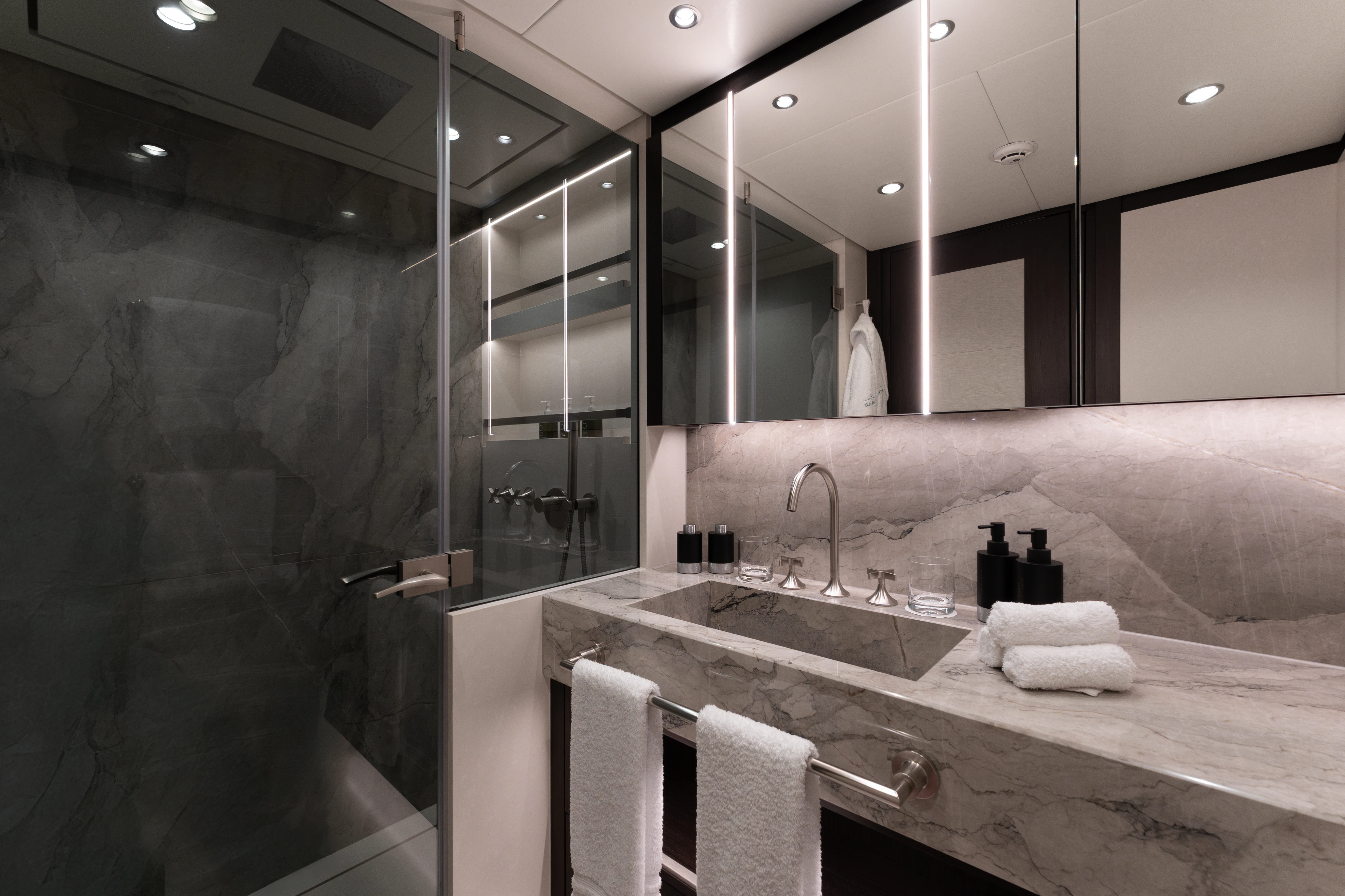 a bathroom with a large glass shower aboard EMERALD Yacht for Charter