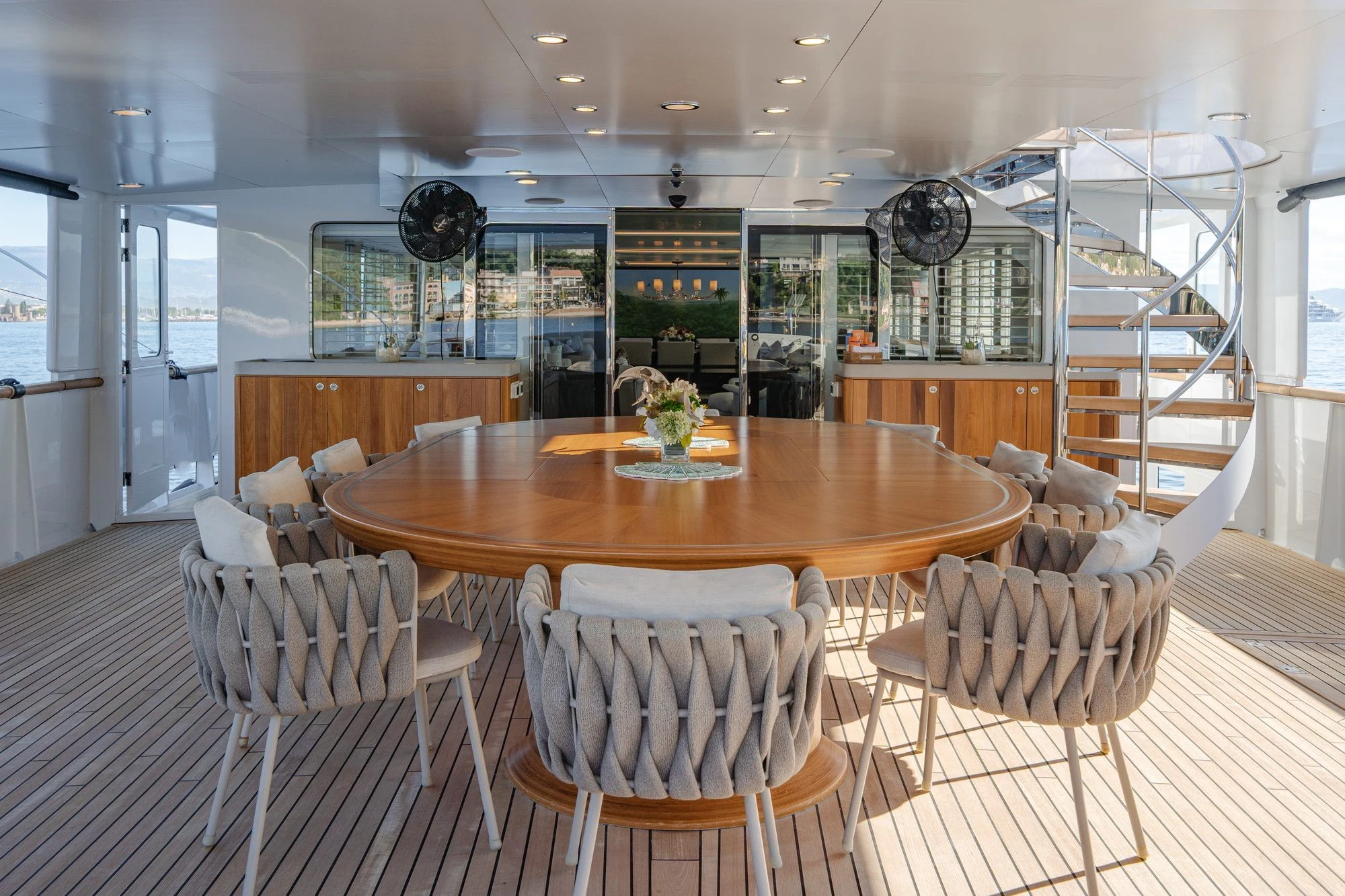 a dining room with a table and chairs aboard EMERALD Yacht for Charter