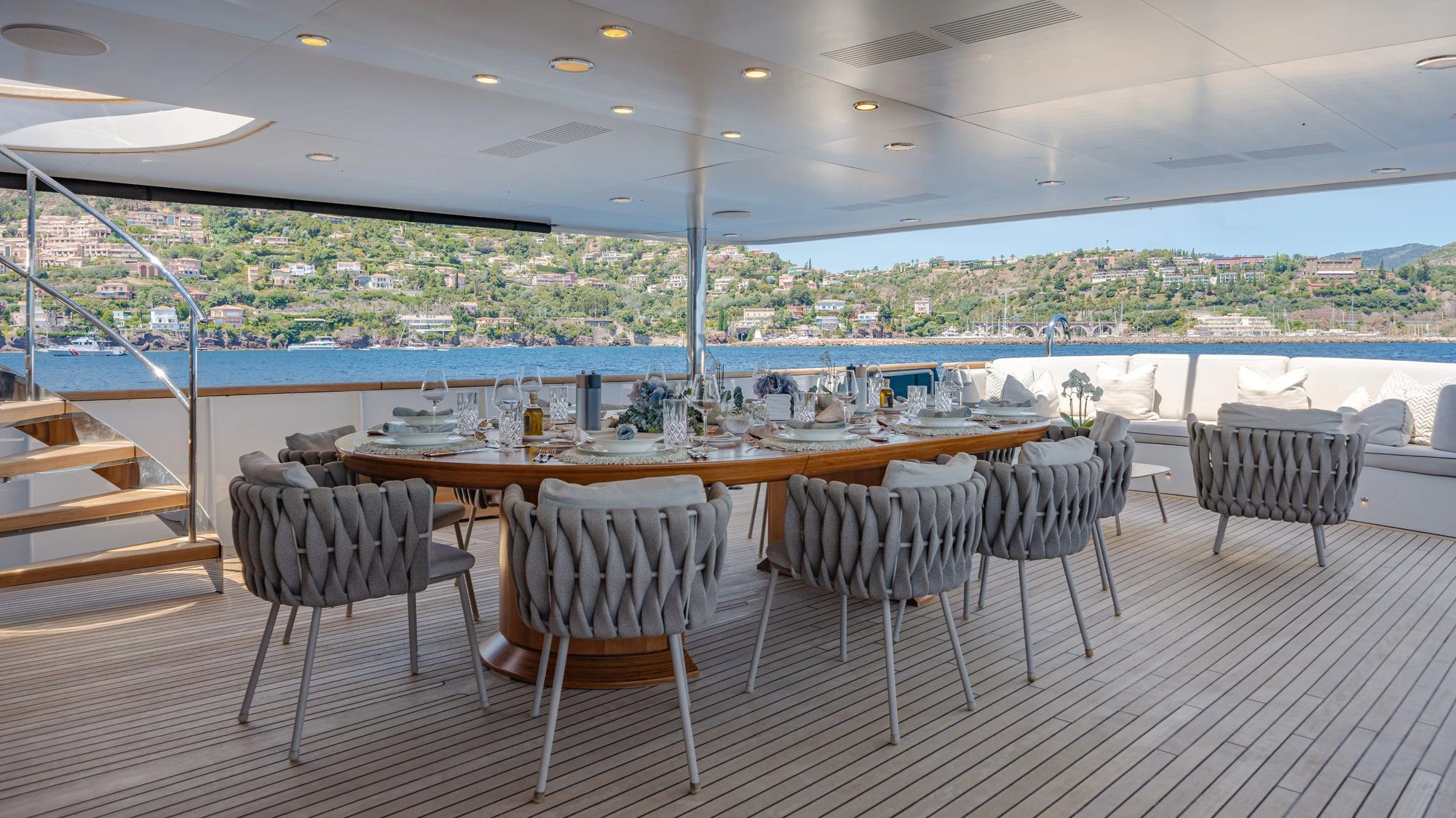 a table set for a meal aboard EMERALD Yacht for Charter