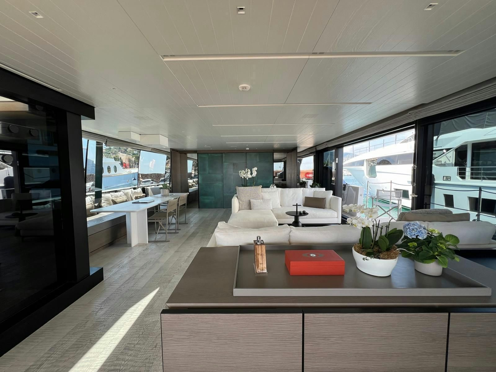 a modern looking living room aboard MAREA Yacht for Sale
