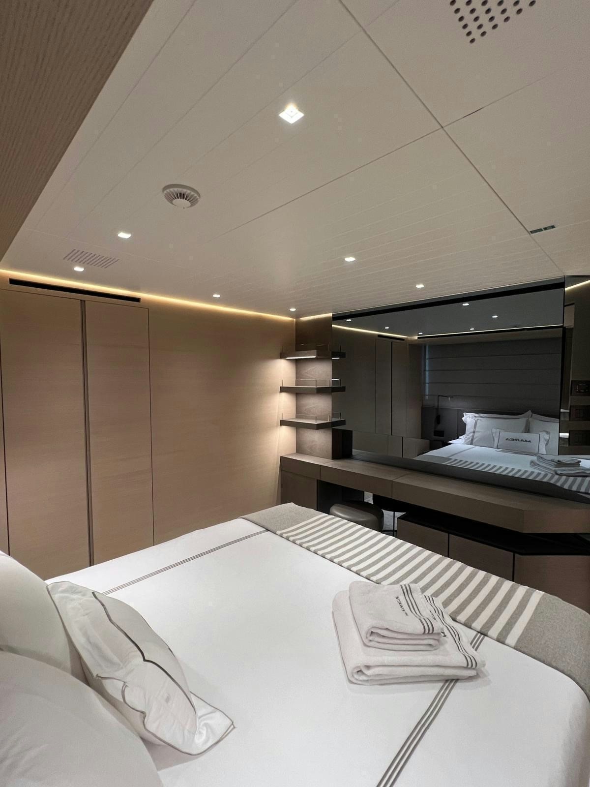 a room with a desk and a bed aboard MAREA Yacht for Sale