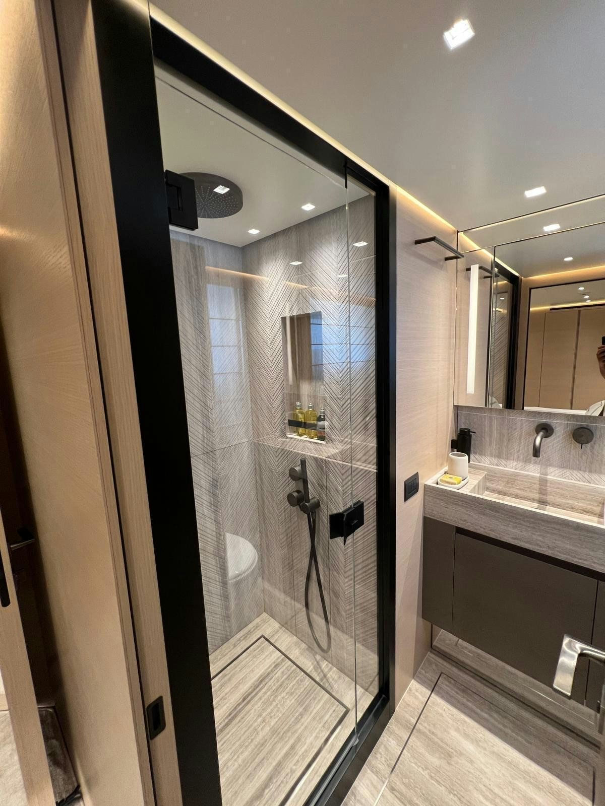 a shower unit in a bathroom aboard MAREA Yacht for Sale