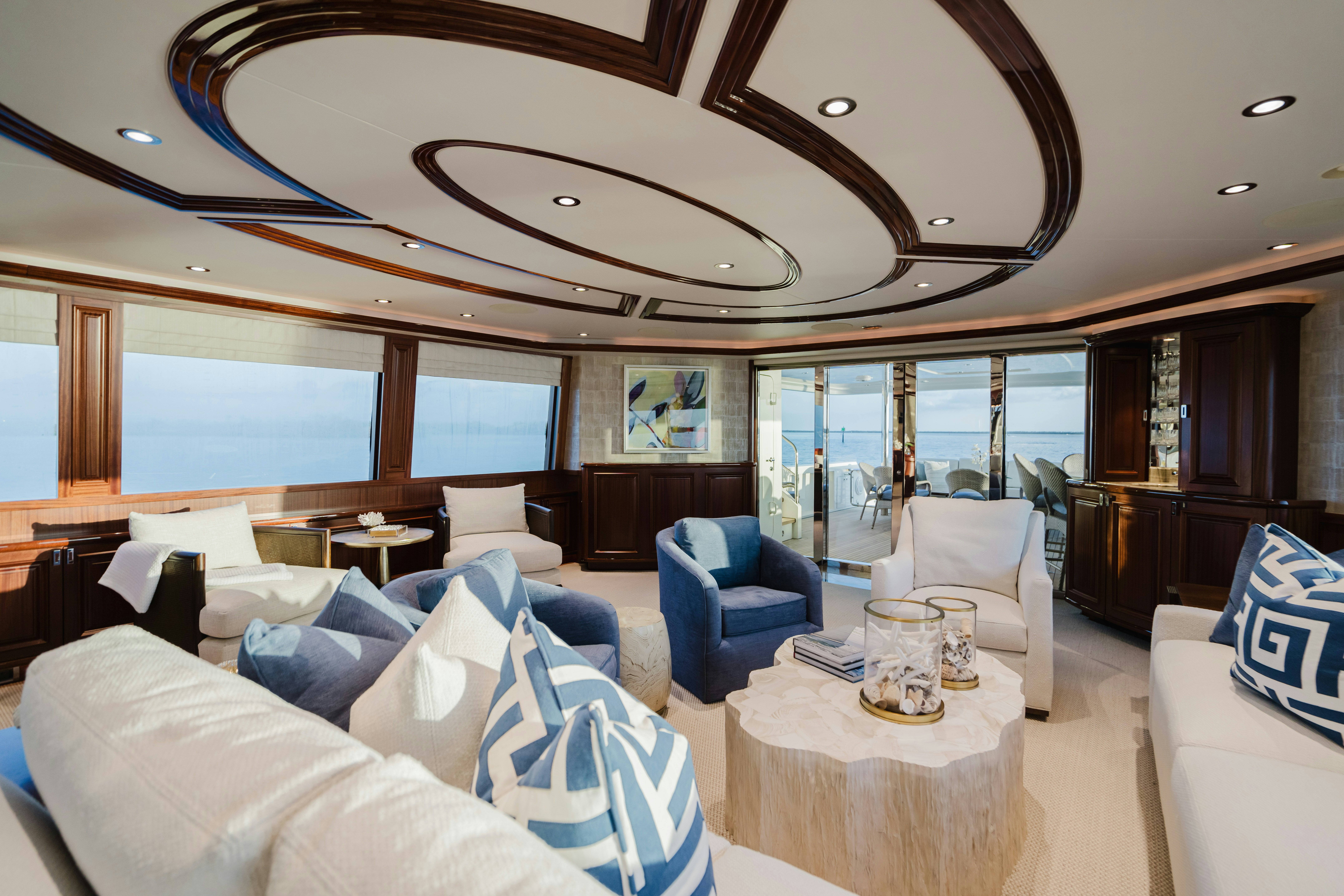 a living room with a large glass ceiling aboard SEAQUINN Yacht for Sale