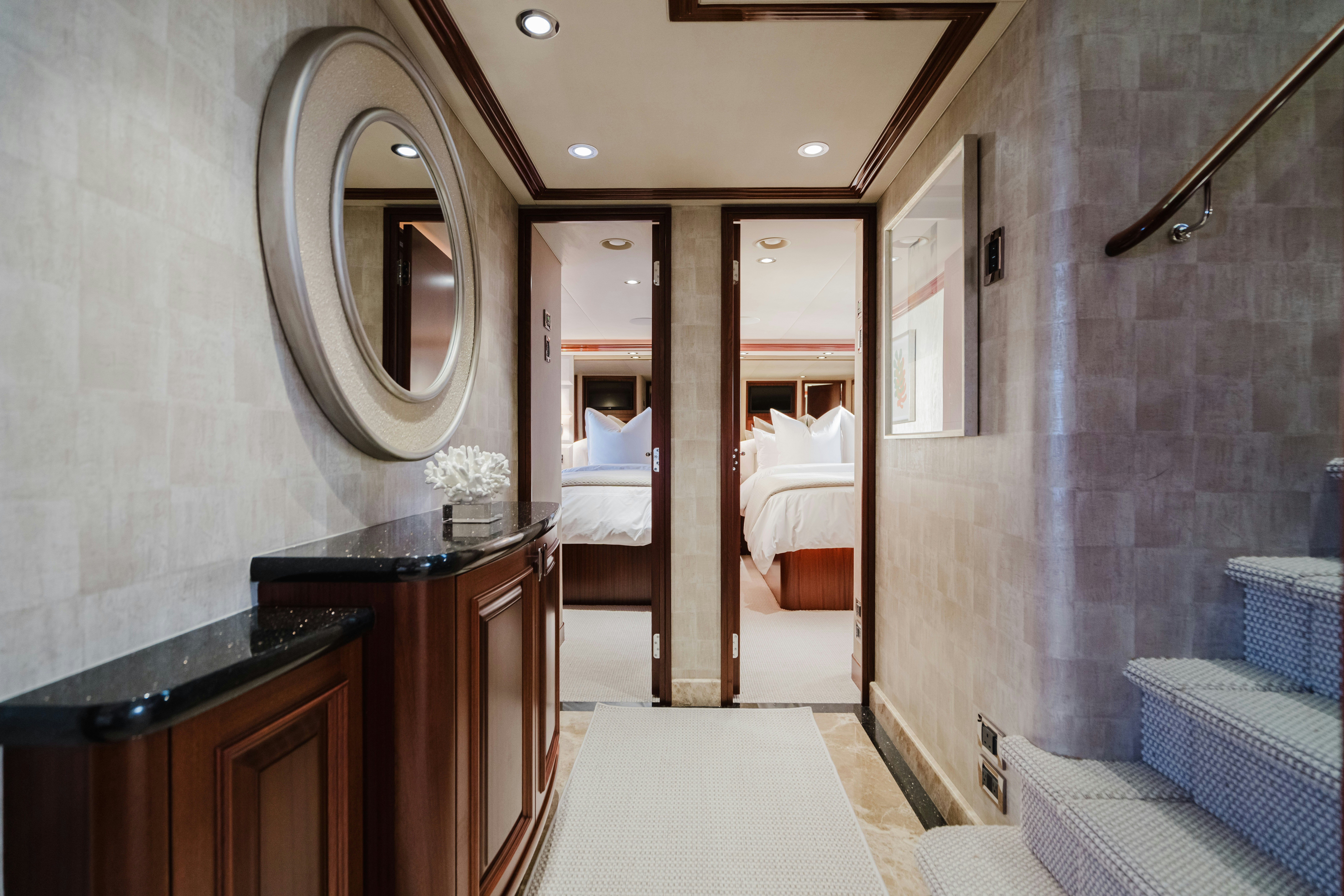 a bathroom with a large mirror aboard SEAQUINN Yacht for Sale