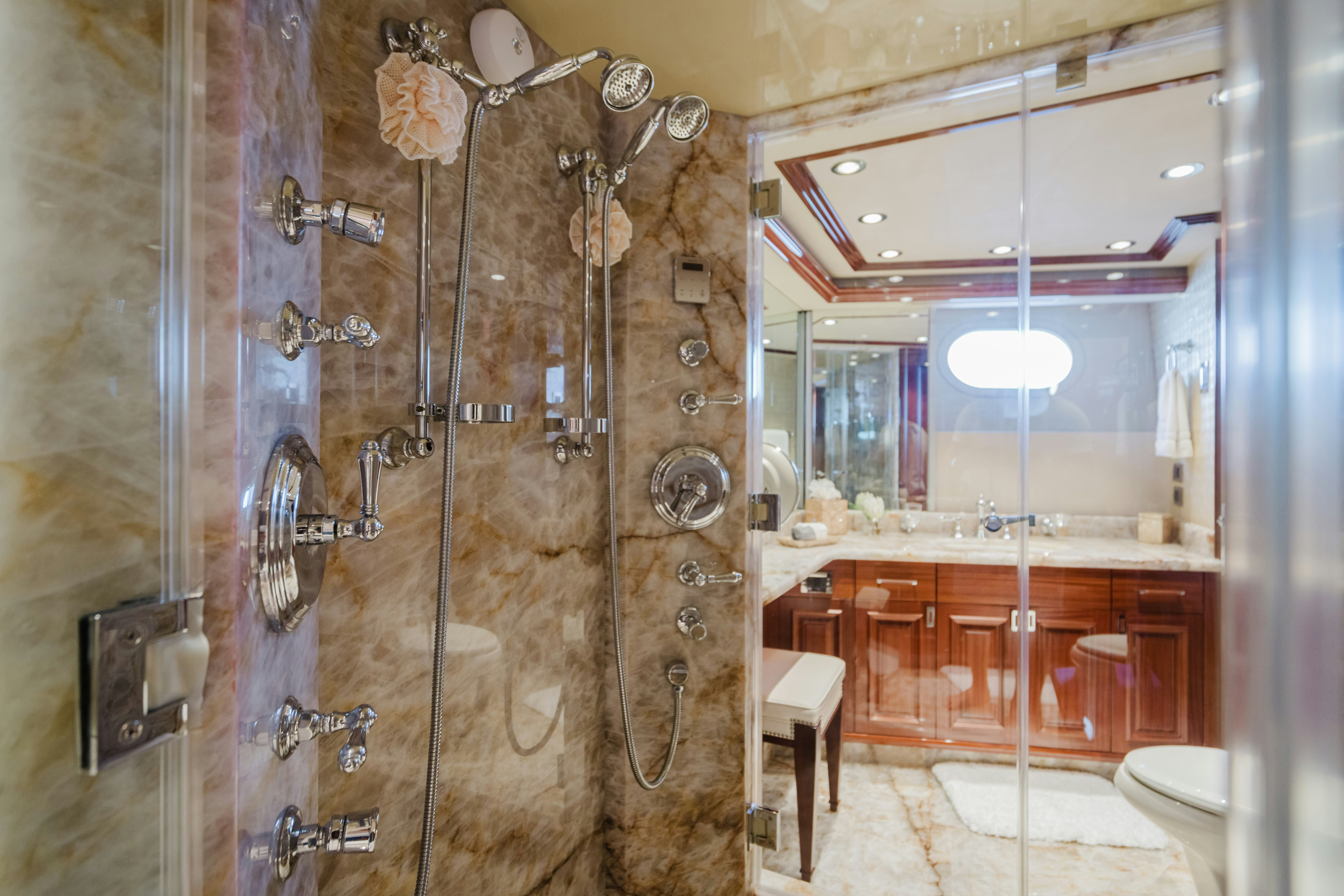 a bathroom with a shower aboard SEAQUINN Yacht for Sale
