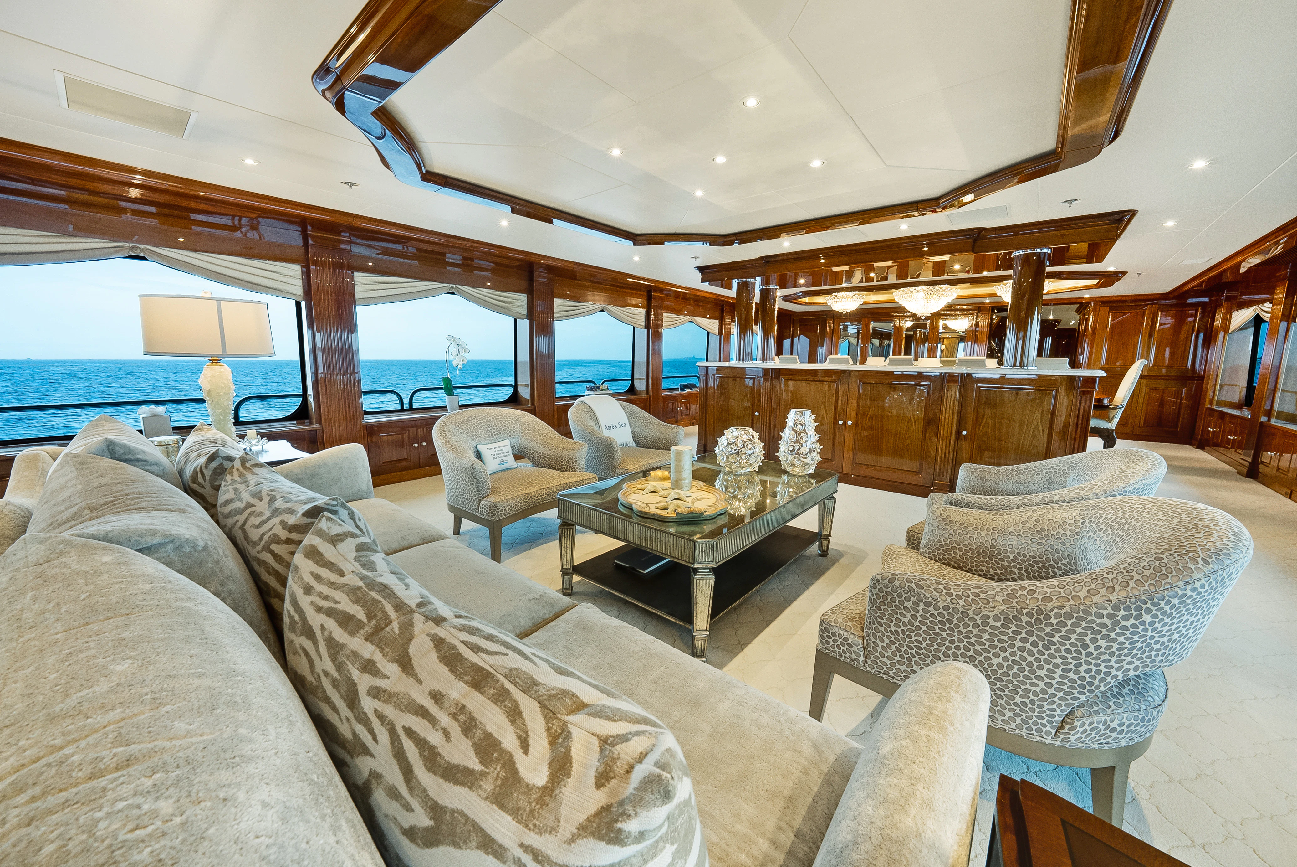 a living room with a large window aboard SILVER LINING Yacht for Sale