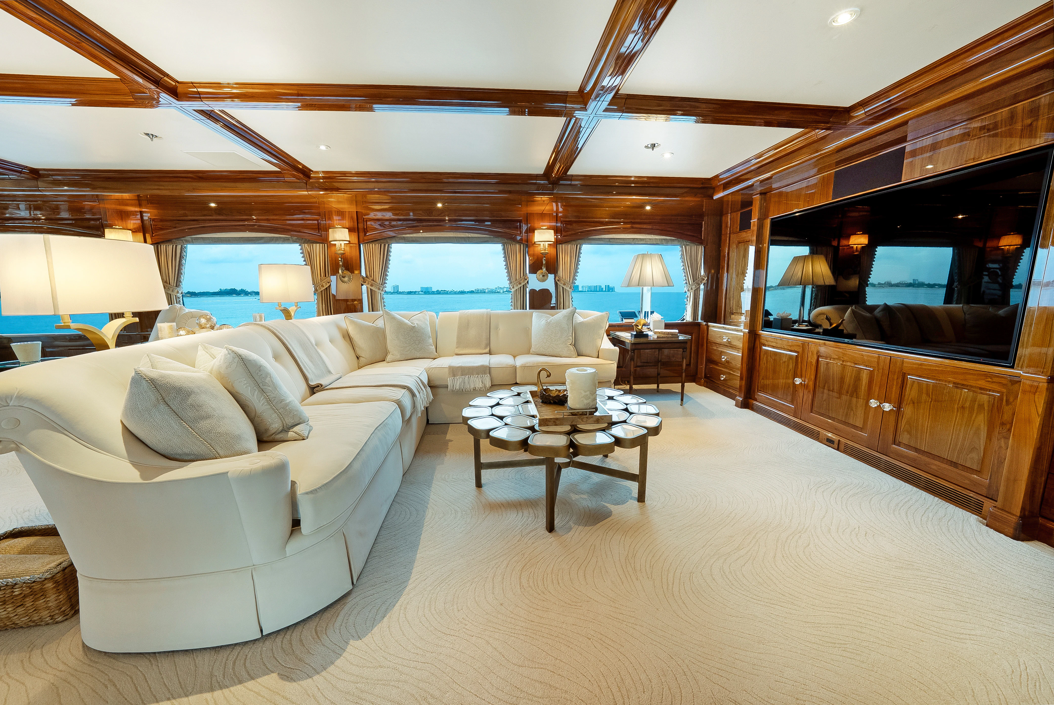 a living room with a large window aboard SILVER LINING Yacht for Sale