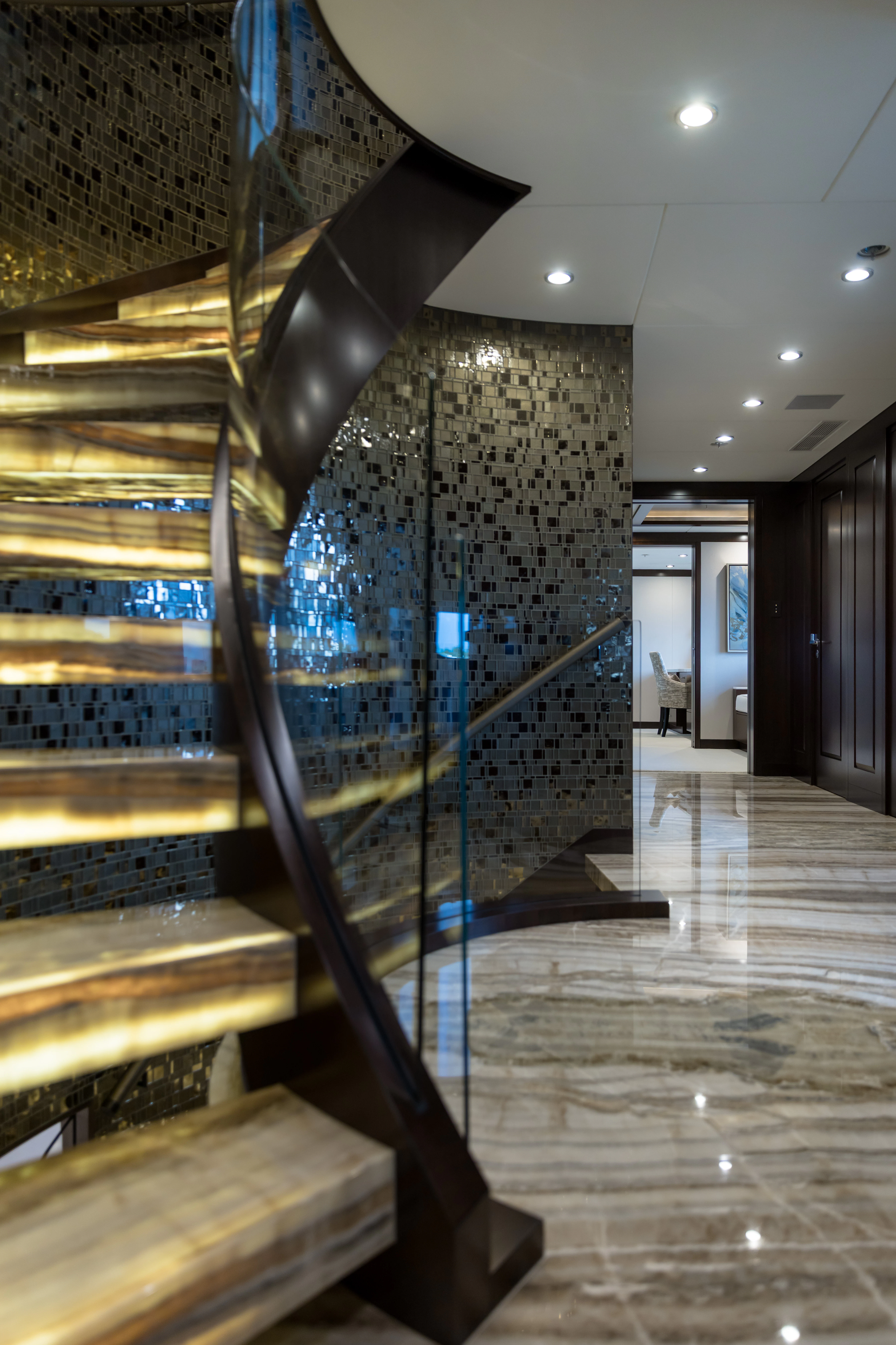 a staircase in a building aboard MISS MICHELLE Yacht for Charter