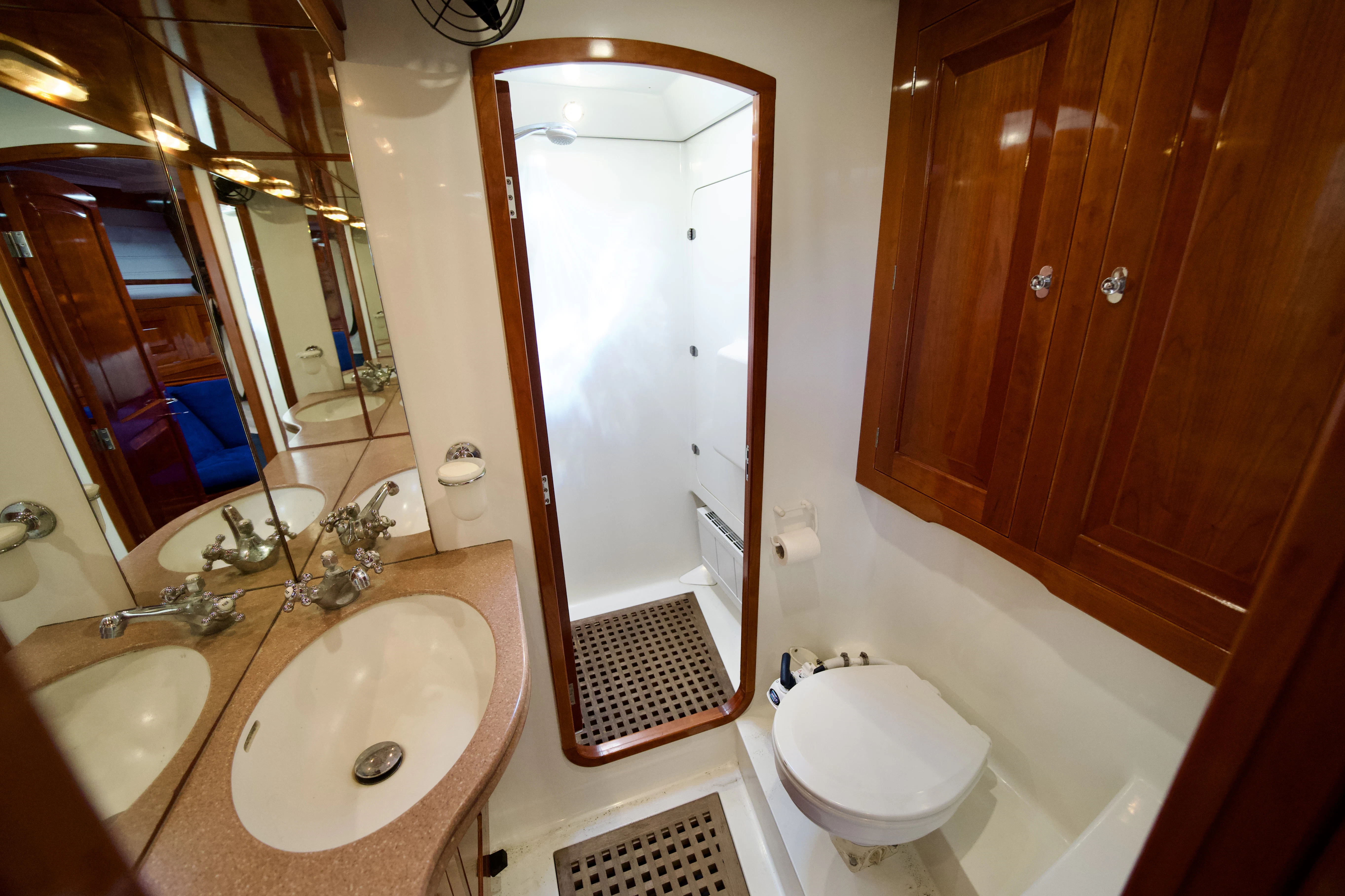 a bathroom with a large mirror aboard ISABEL Yacht for Sale