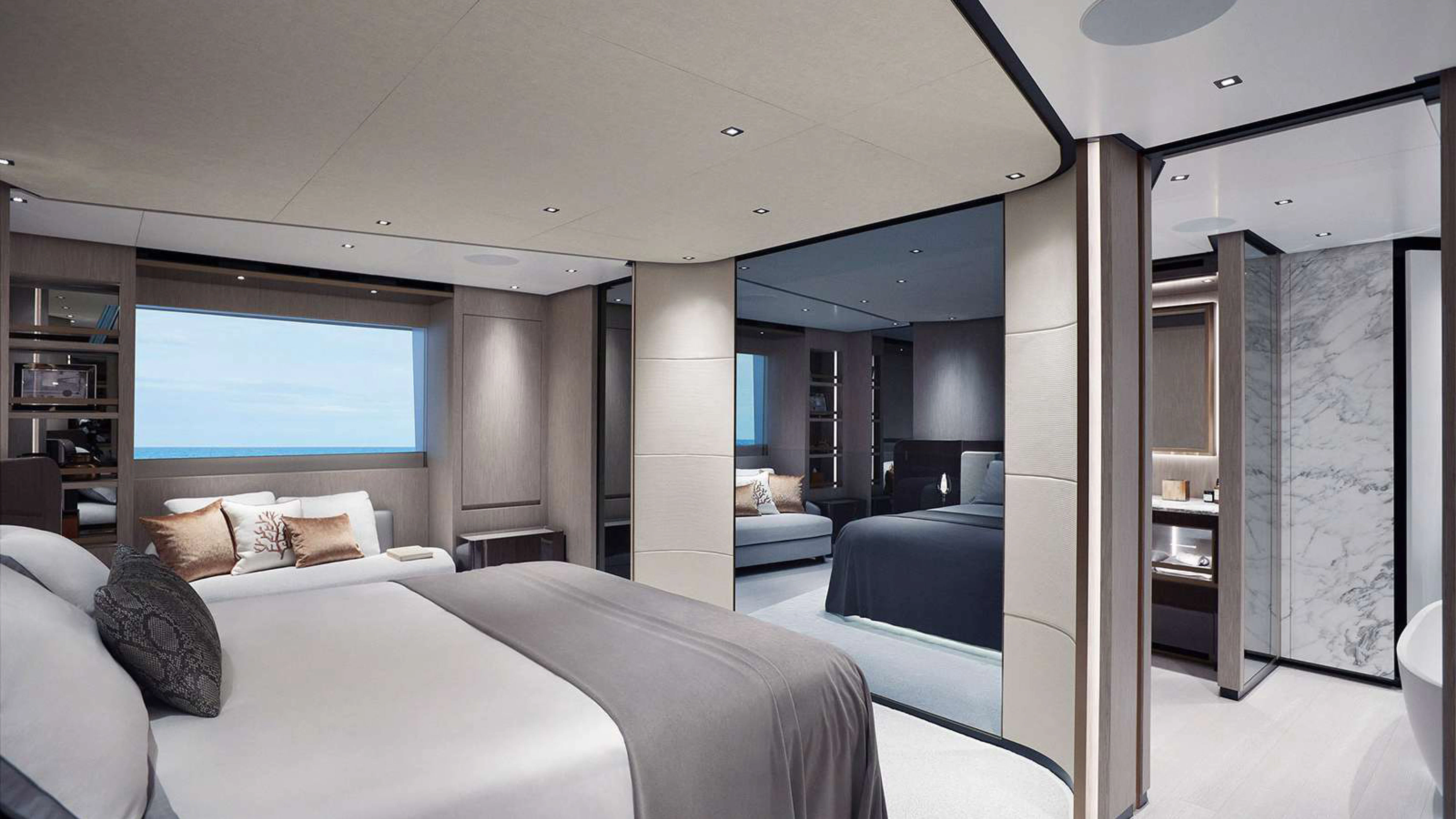 a bedroom with a large bed aboard PAZIENZA Yacht for Charter