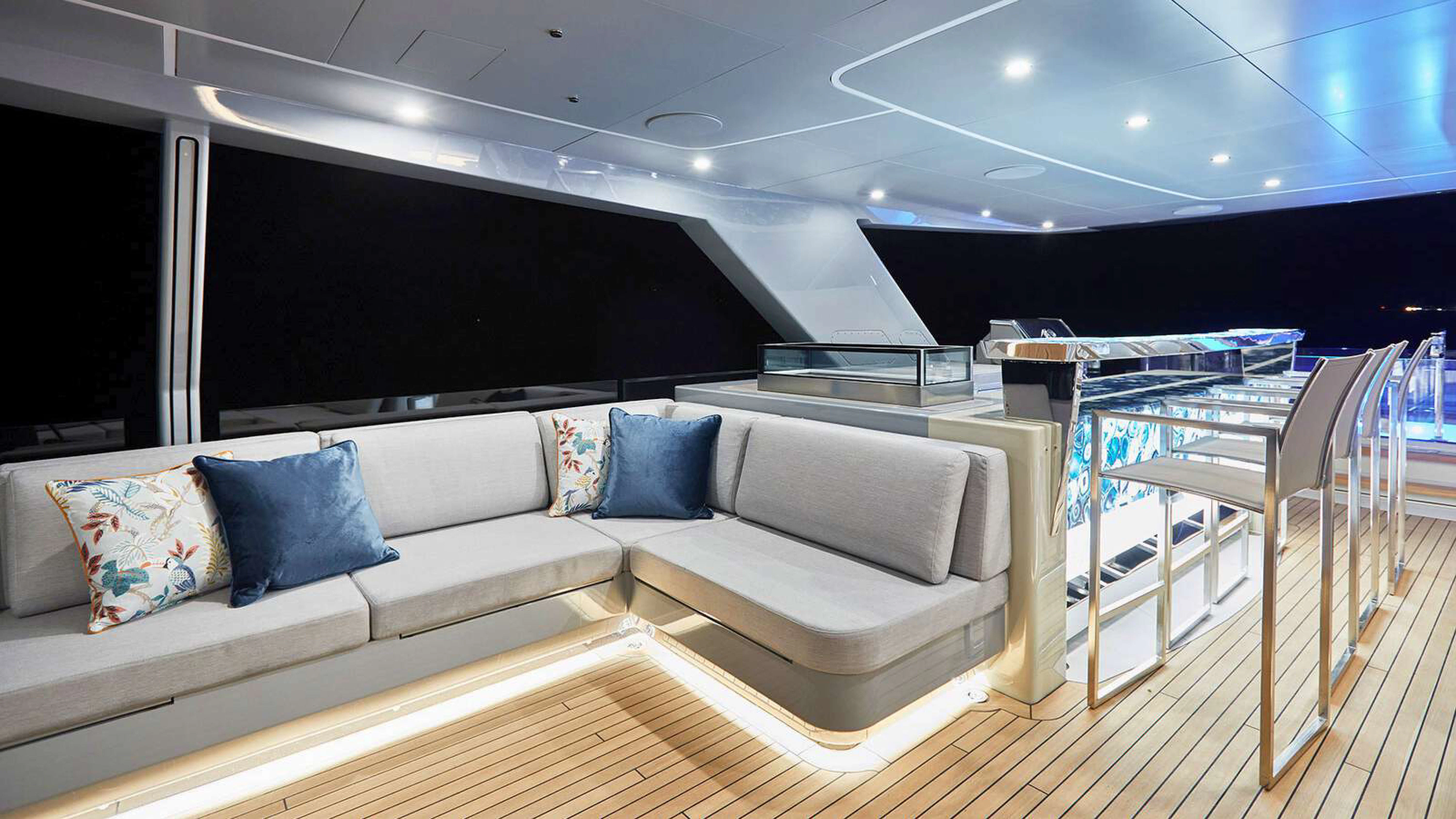 a large bed in a room aboard PAZIENZA Yacht for Charter