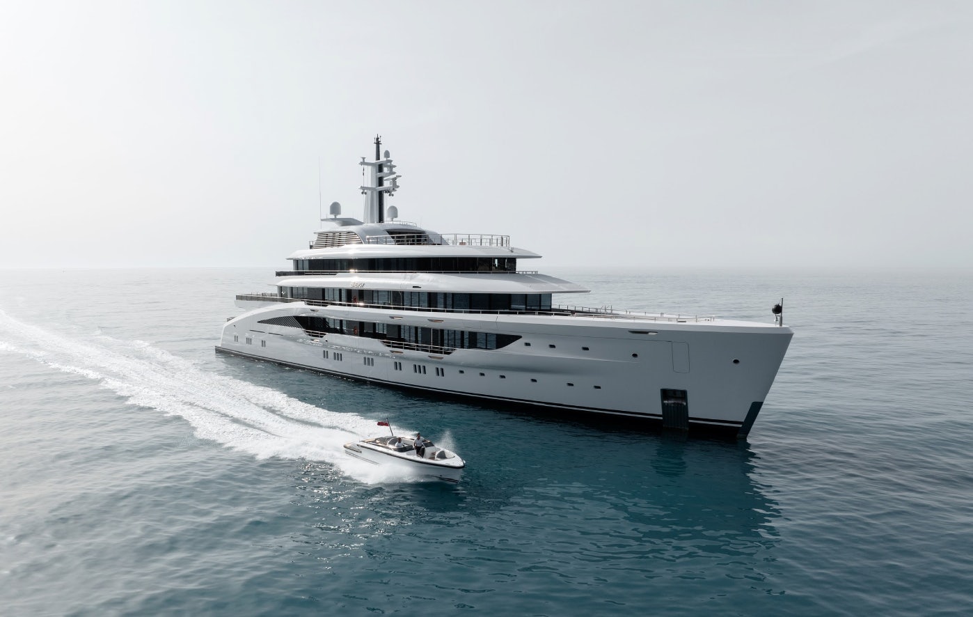 a large white boat on the water aboard ENERGY Yacht for Sale