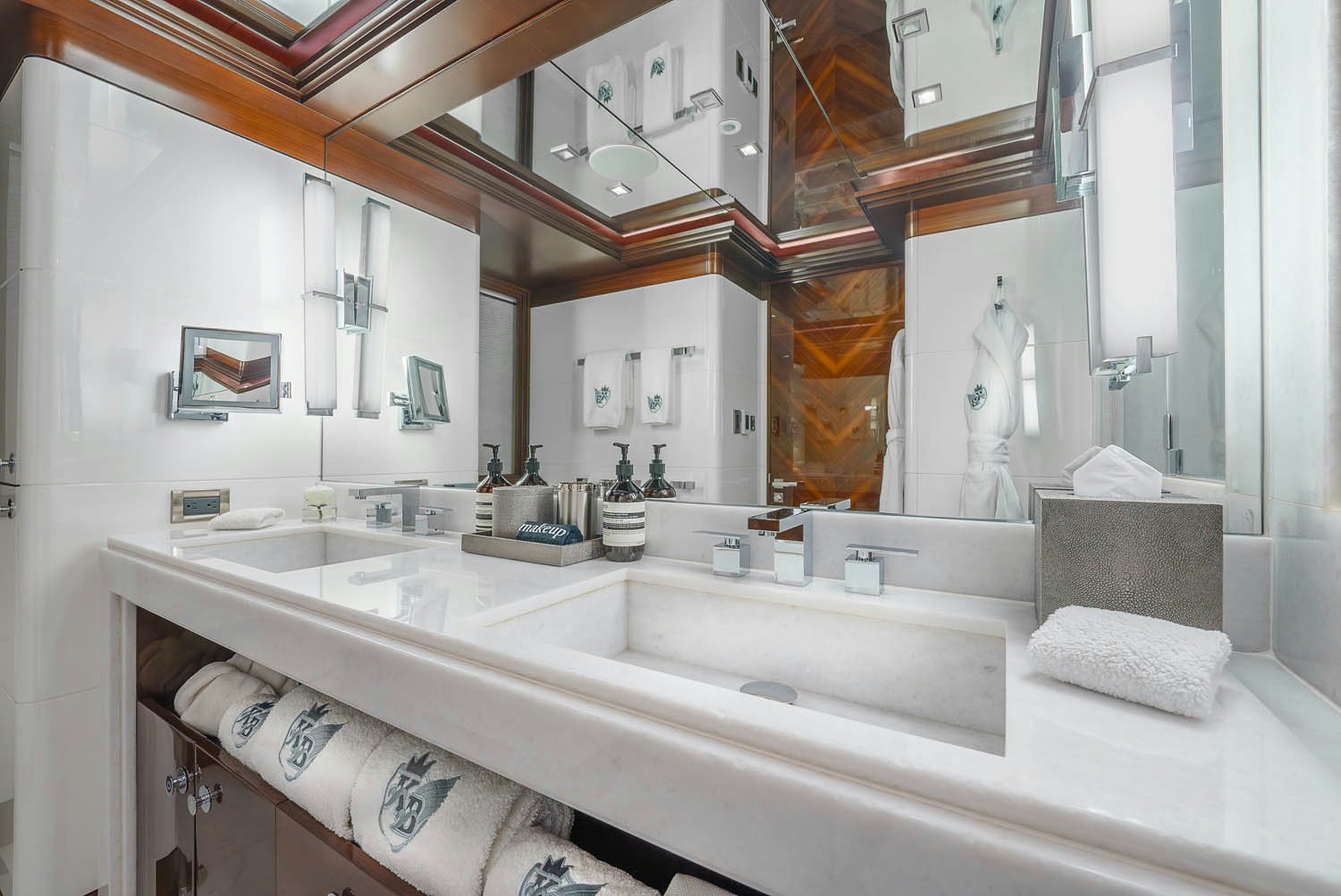 a bathroom with a large mirror aboard KING BABY Yacht for Charter