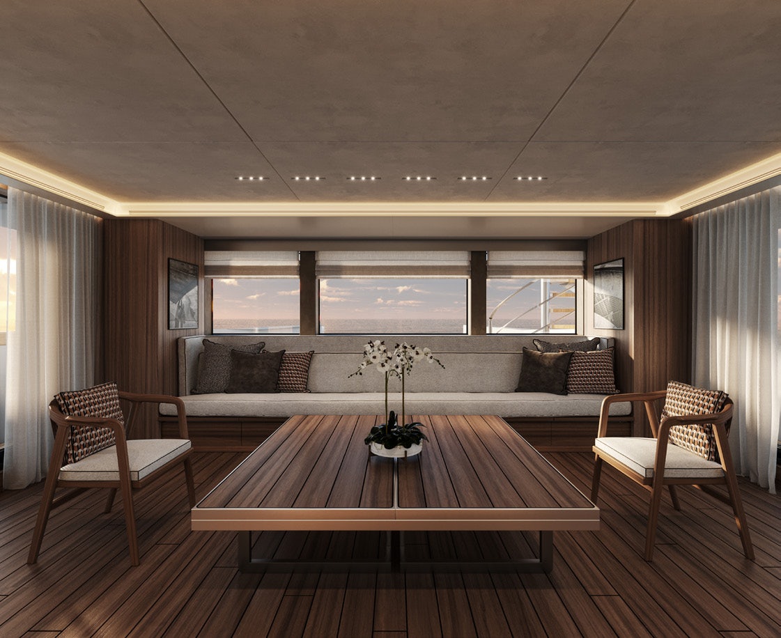 a living room with a wood floor aboard PARA BELLUM Yacht for Charter