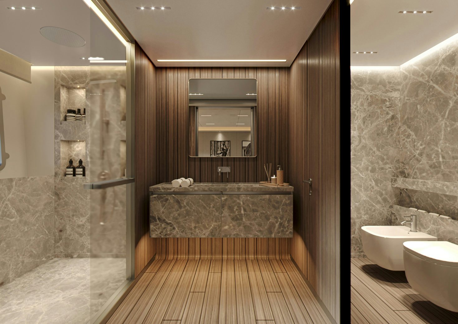 a bathroom with a tub sink and a shower aboard PARA BELLUM Yacht for Charter