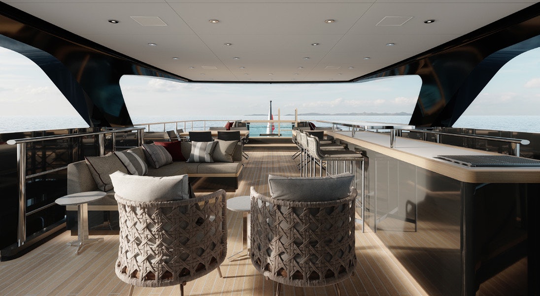 a room with a view of the ocean and the deck aboard PARA BELLUM Yacht for Charter