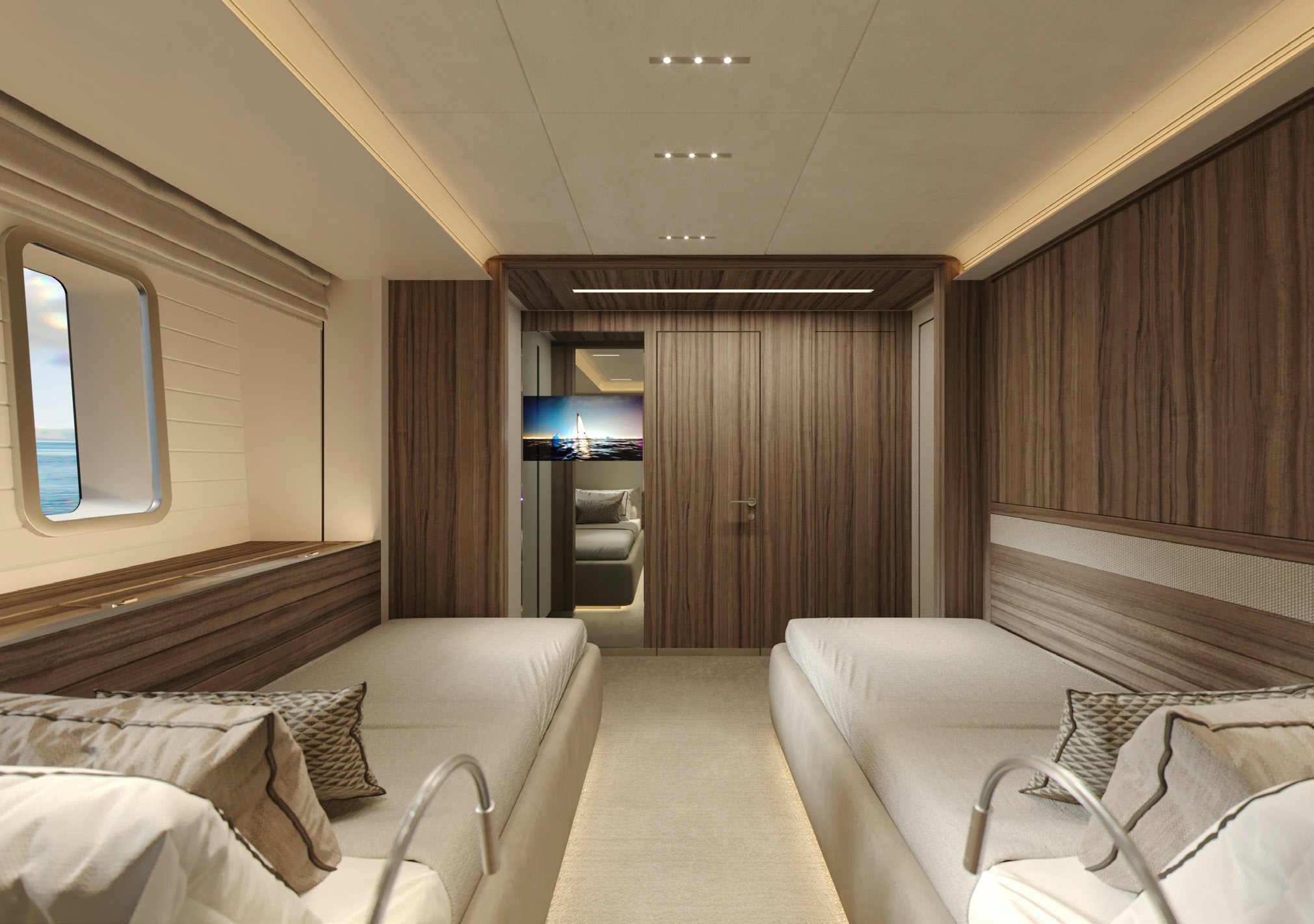 a room with a couch and a television aboard PARA BELLUM Yacht for Charter