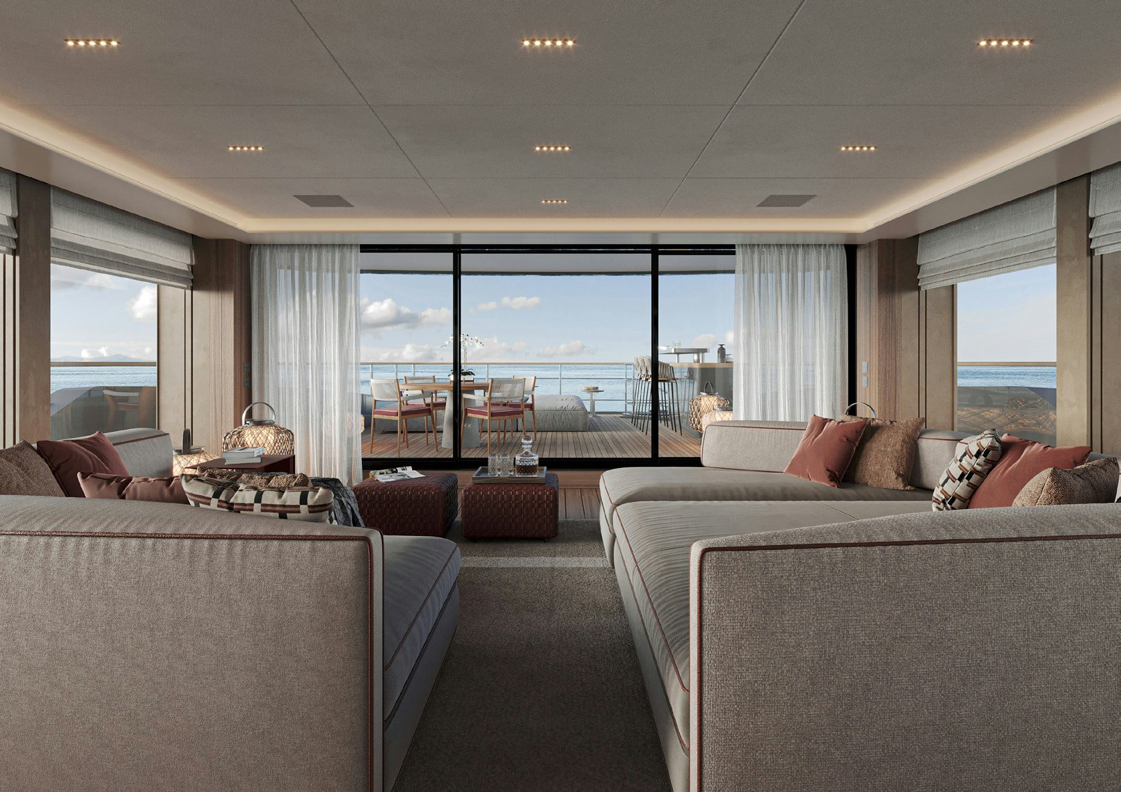 a living room with a large window aboard PARA BELLUM Yacht for Charter