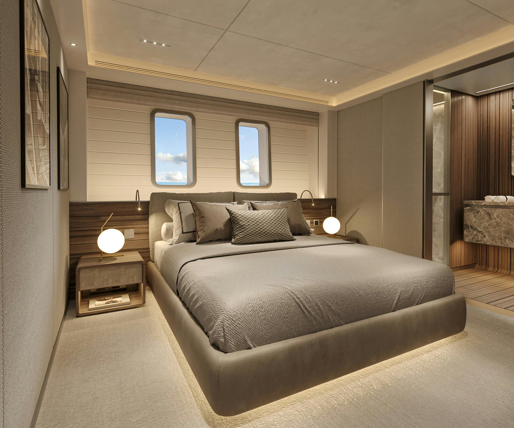 a large bed in a room aboard PARA BELLUM Yacht for Charter