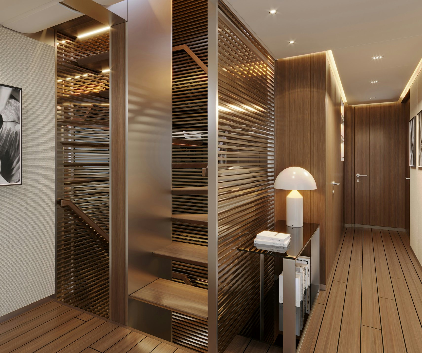 a large wooden staircase aboard PARA BELLUM Yacht for Charter
