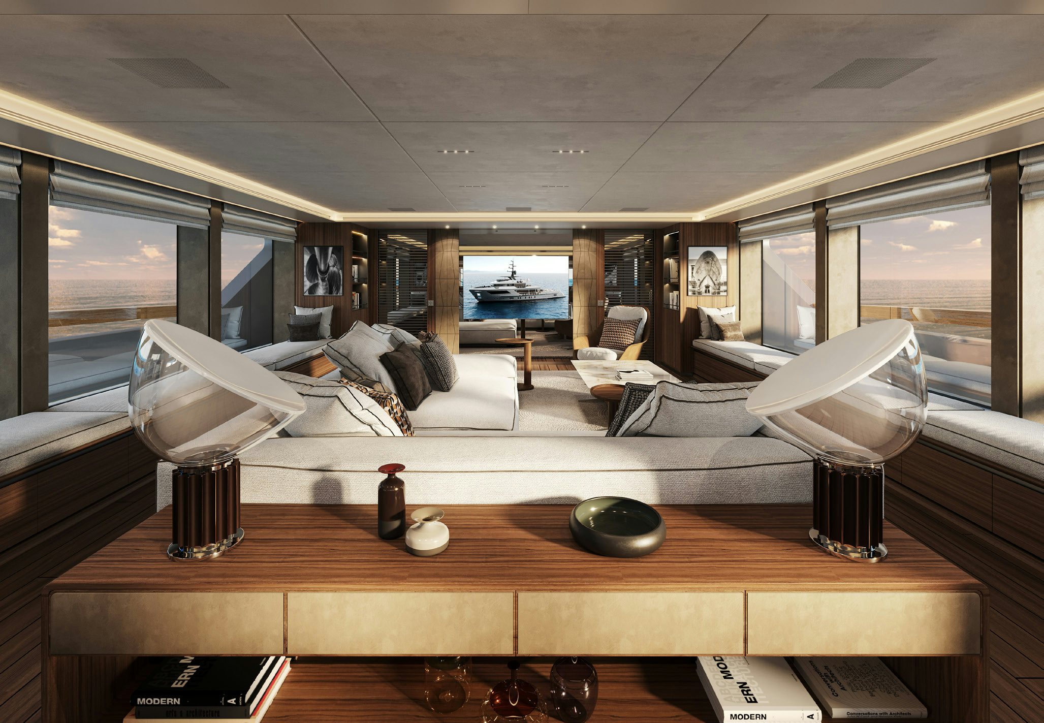 a living room with a large window aboard PARA BELLUM Yacht for Charter
