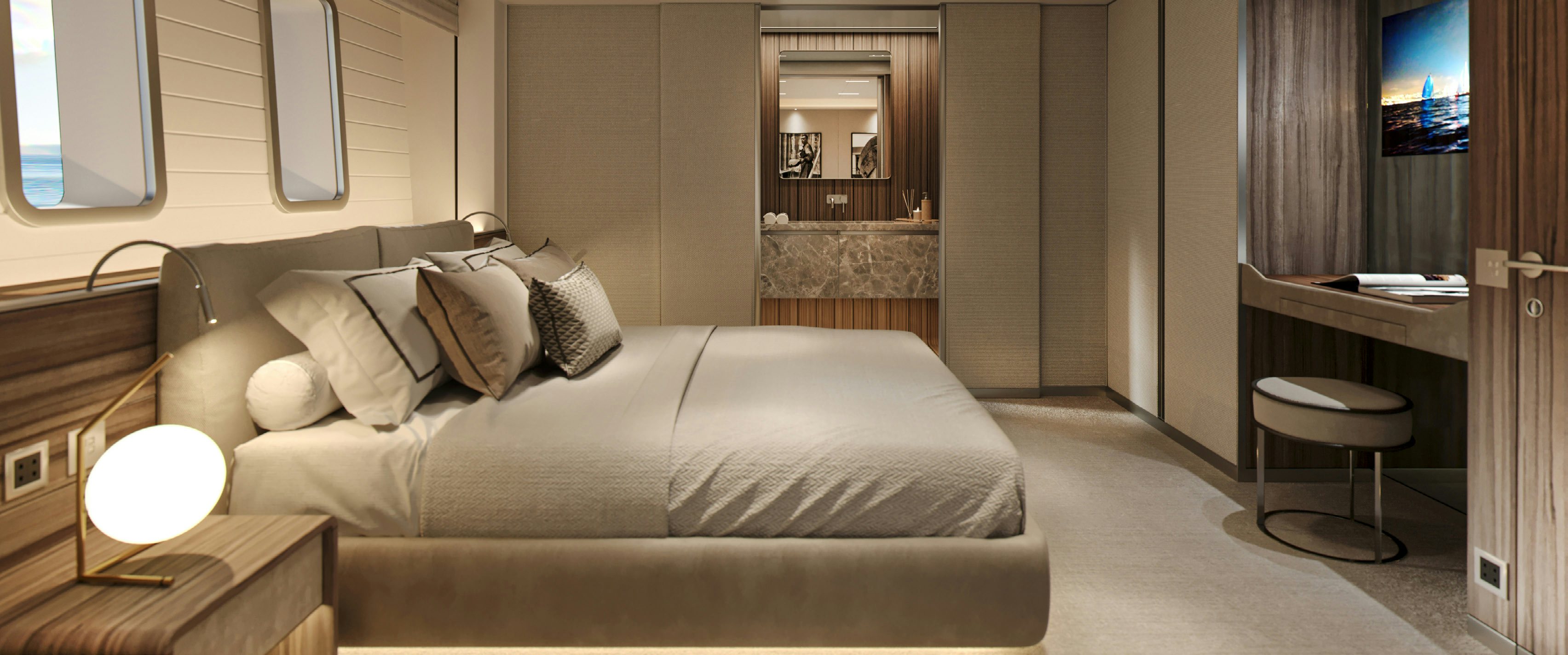 a bed in a room aboard PARA BELLUM Yacht for Charter