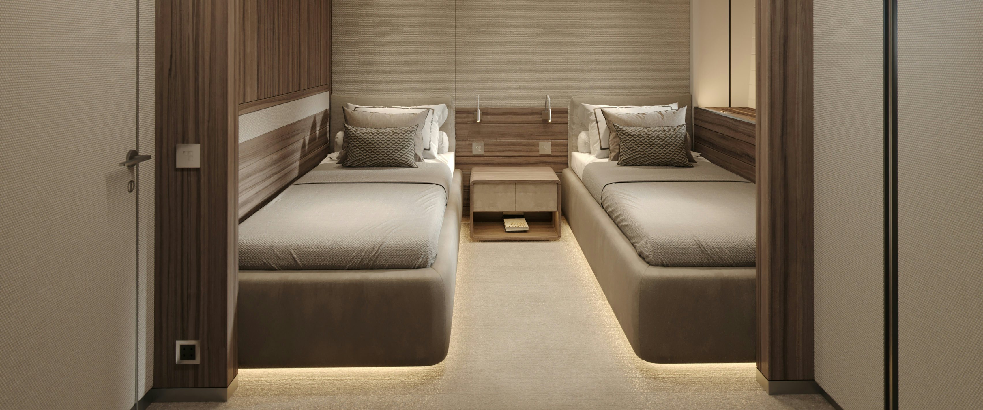 a room with a bed and a desk aboard PARA BELLUM Yacht for Charter