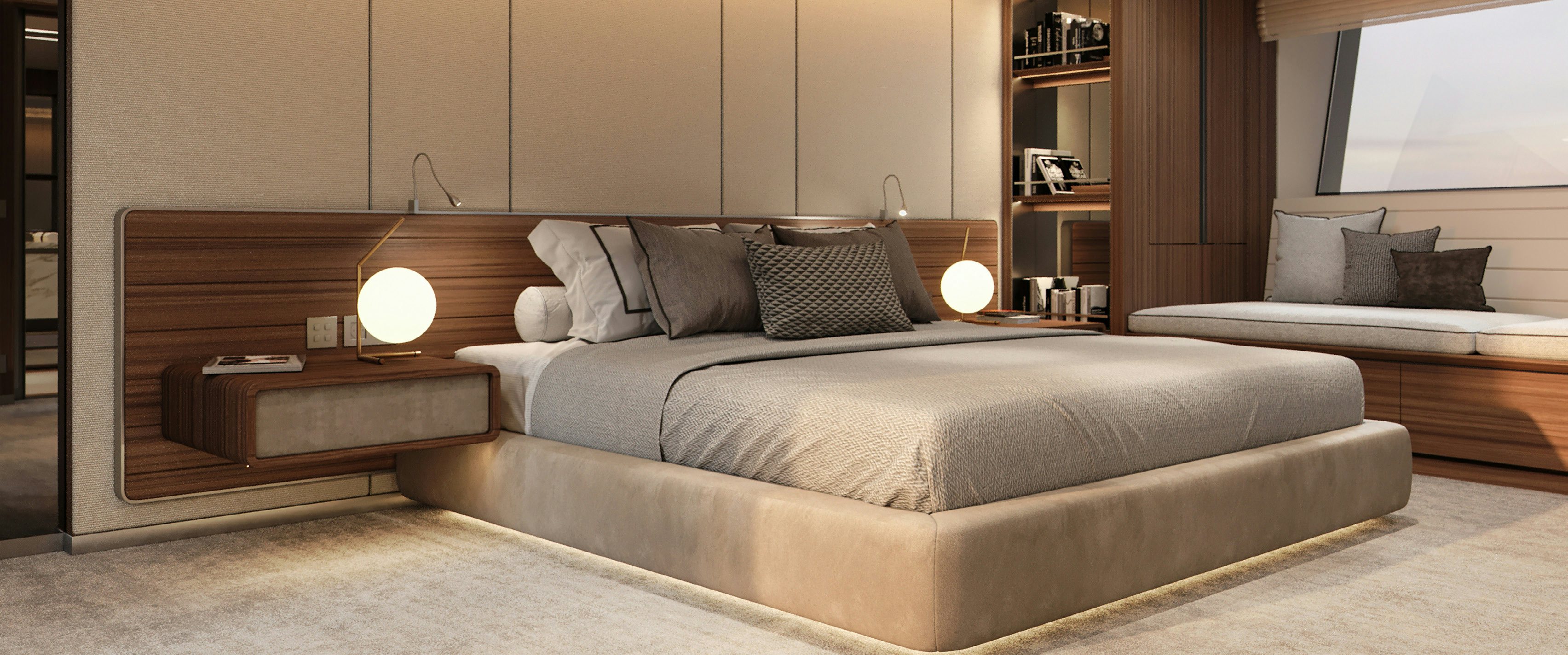 a large bed in a room aboard PARA BELLUM Yacht for Charter