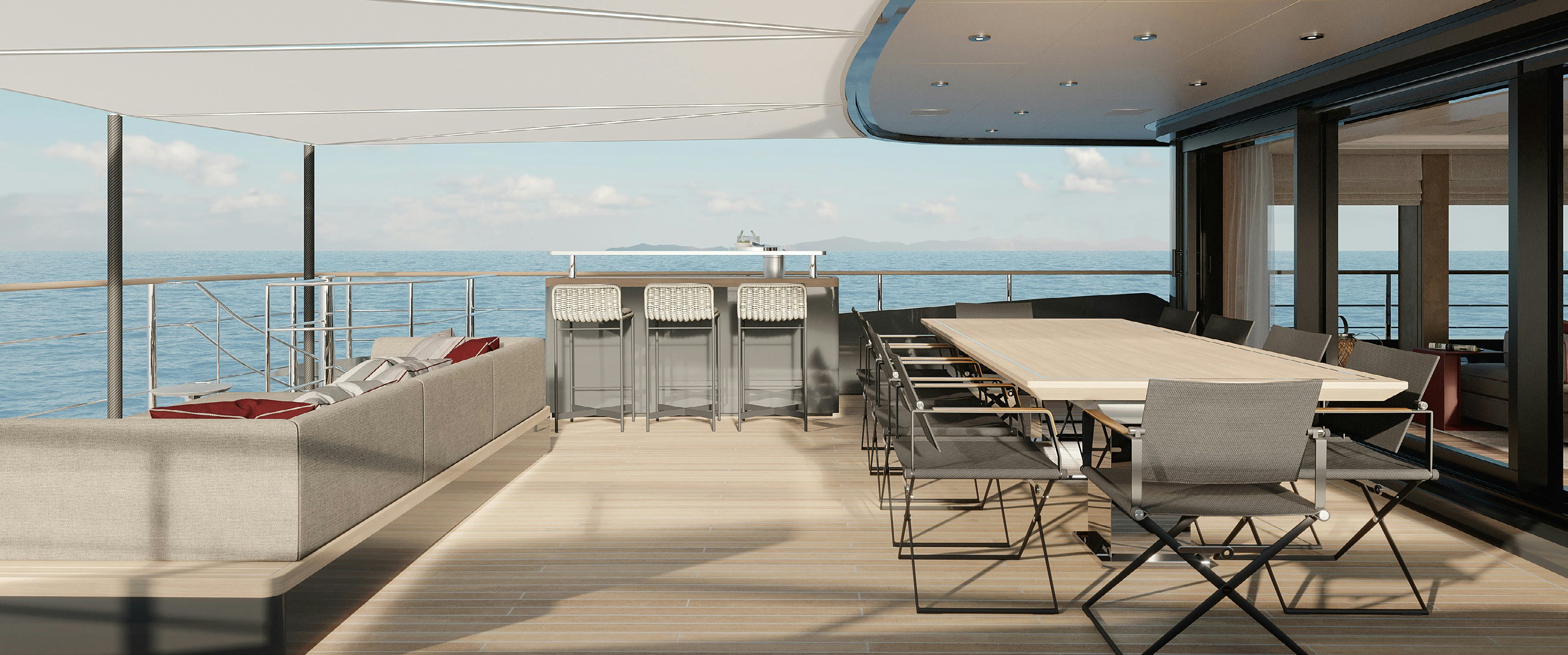 a room with a table chairs and a large body of water aboard PARA BELLUM Yacht for Charter