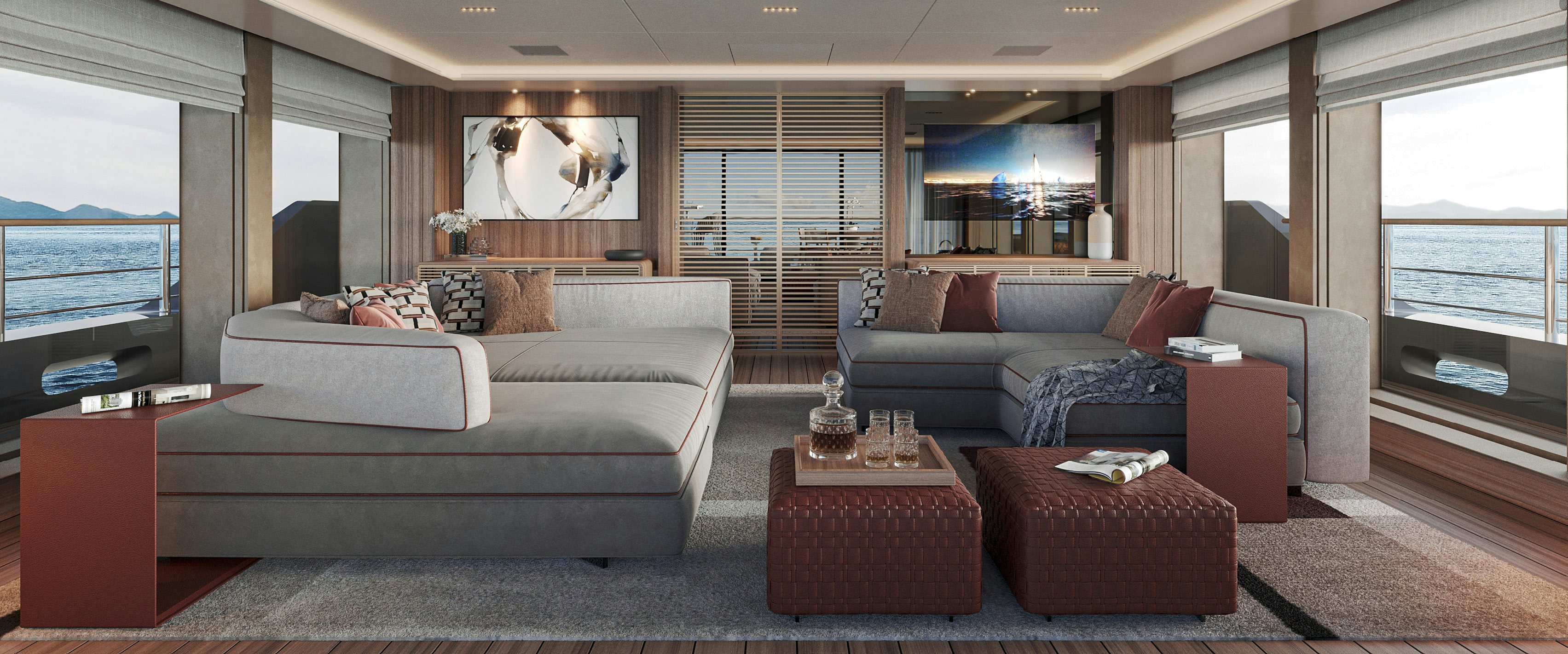 a living room with a couch and a coffee table aboard PARA BELLUM Yacht for Charter